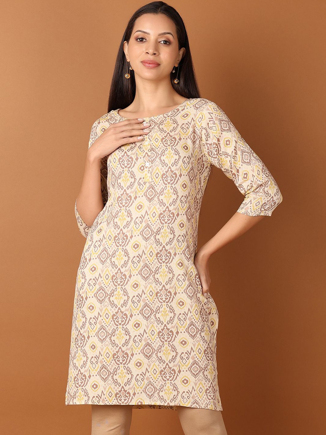 

V-Mart Ethnic Motifs Printed Round Neck Three-Quarter Sleeves Regular Straight Kurta, Cream