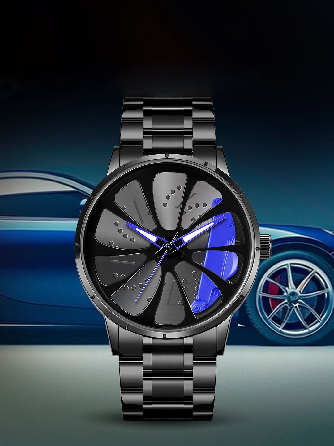 

IIK COLLECTION Men Round Car Wheel Dial With Spinning Car Rim Hub Chain Analogue Watch, Blue