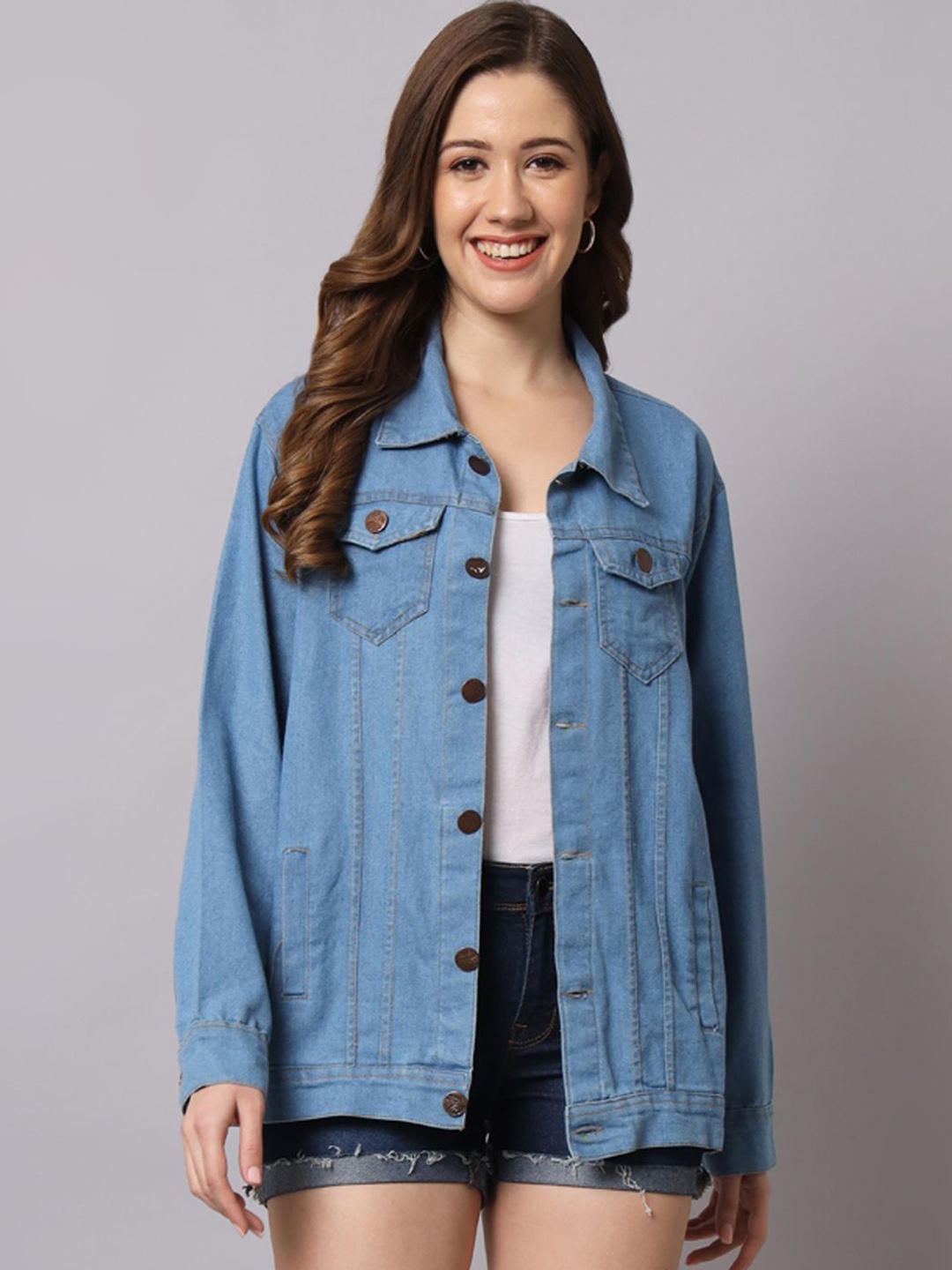 

Funday Fashion Women Spread Collar Solid Casual Denim Jacket, Blue