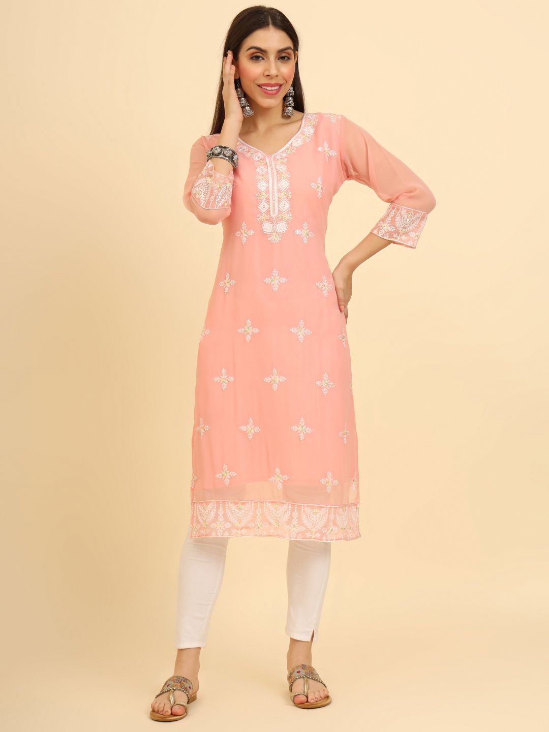

HERE&NOW Floral Embroidered Cotton Straight Kurta, Mauve