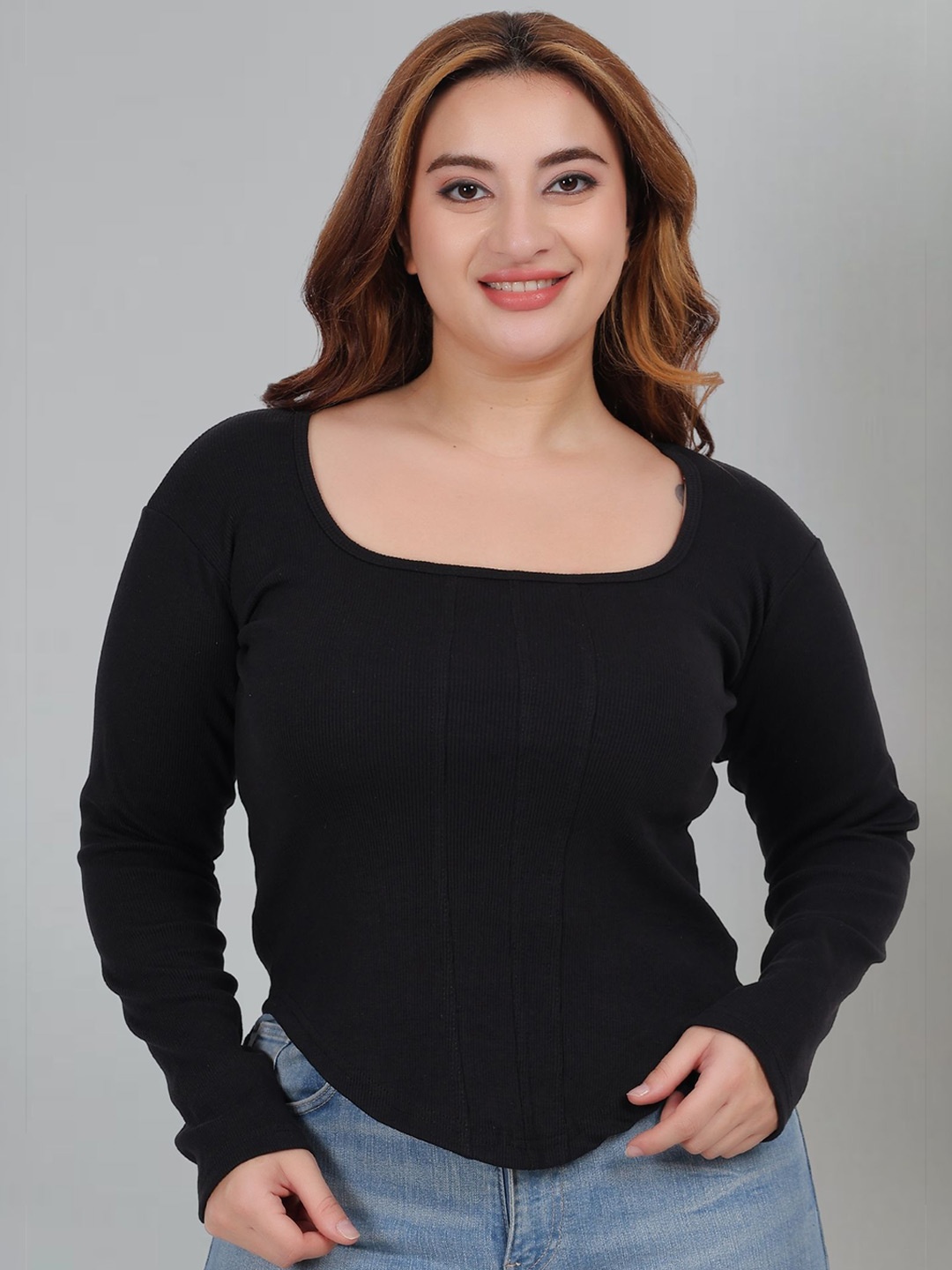 

Fabme Full Sleeves Square Neck Cotton Plus Size Top, Black