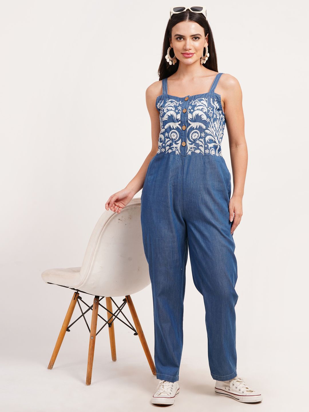 

SUMAVI-FASHION Women Denim Embroidered Basic Jumpsuit, Blue