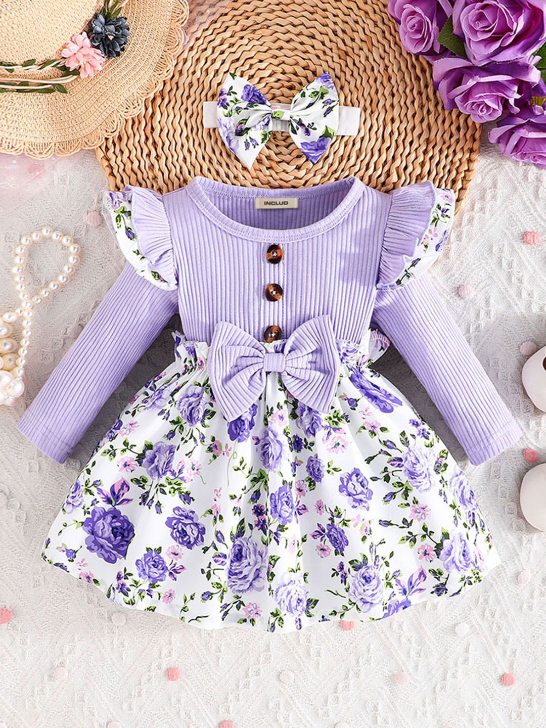 

INCLUD Girls Floral Printed Fit & Flare Dress, Purple