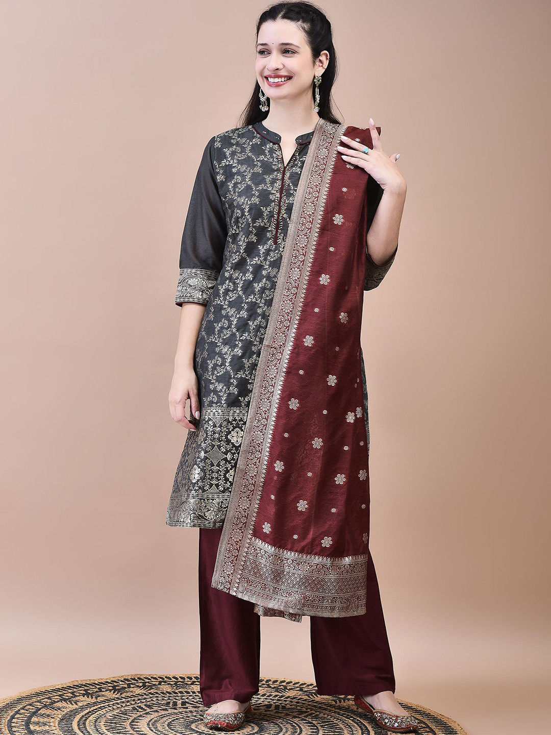 

Shree Floral Woven Design Mandarin Collar Regular Kurta With Trouser With Dupatta, Grey