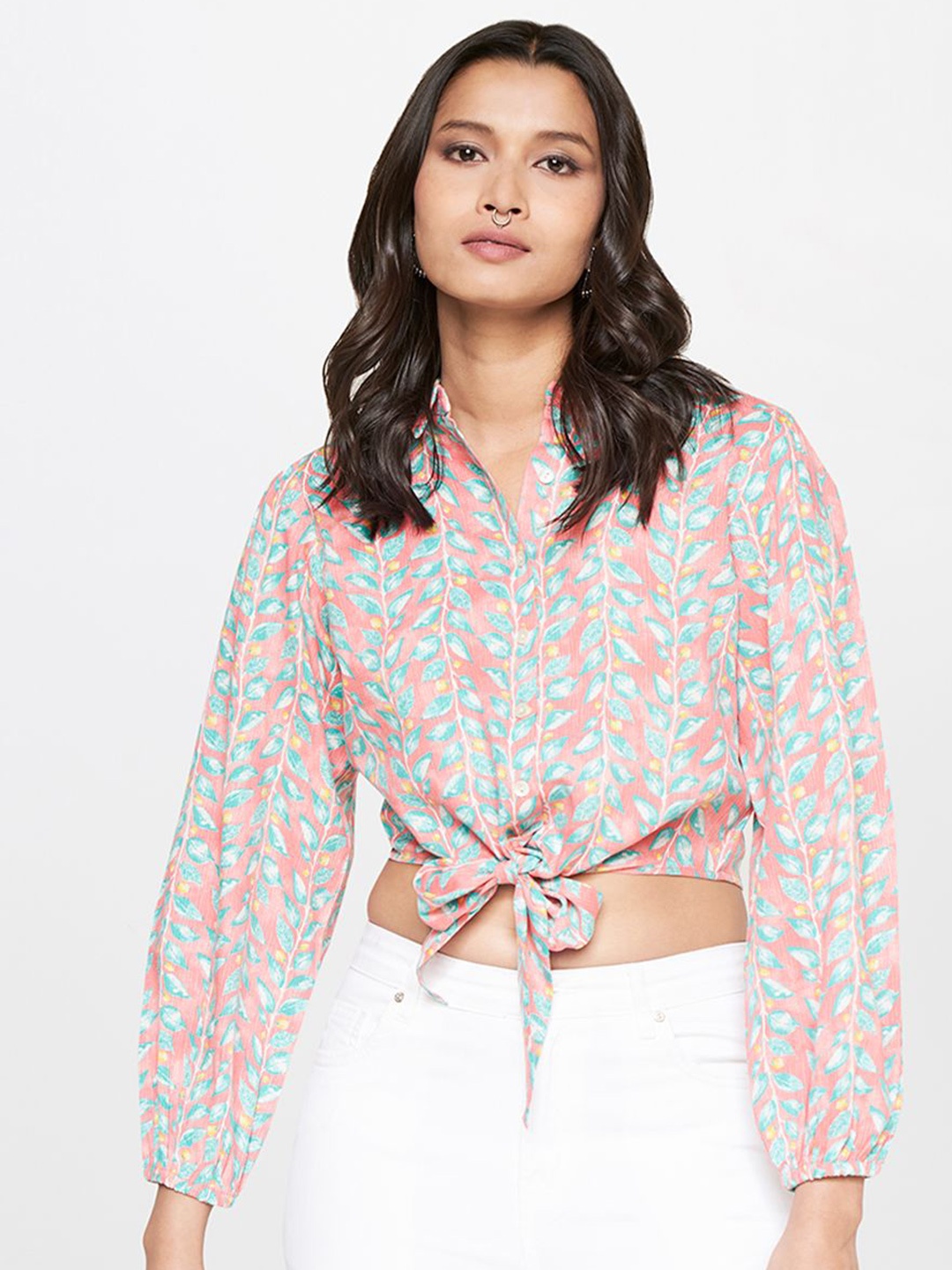 

Global Desi Printed Puff Sleeve Shirt Style Crop Top, Pink