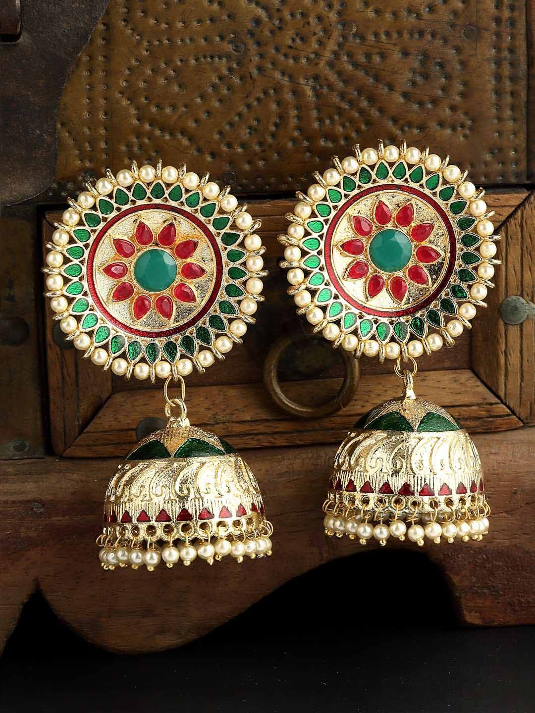 

Anouk Red Gold-Plated Stone Studded & Beaded Dome-Shaped Jhumkas
