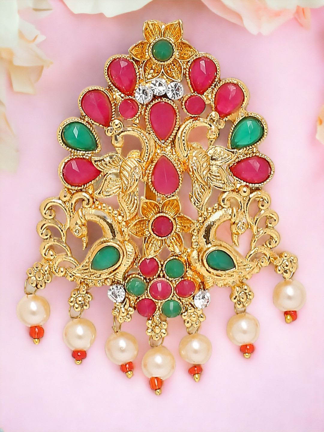 

Anouk Stones Studded and Beaded Temple Bun Pin Head Jewellery, Red
