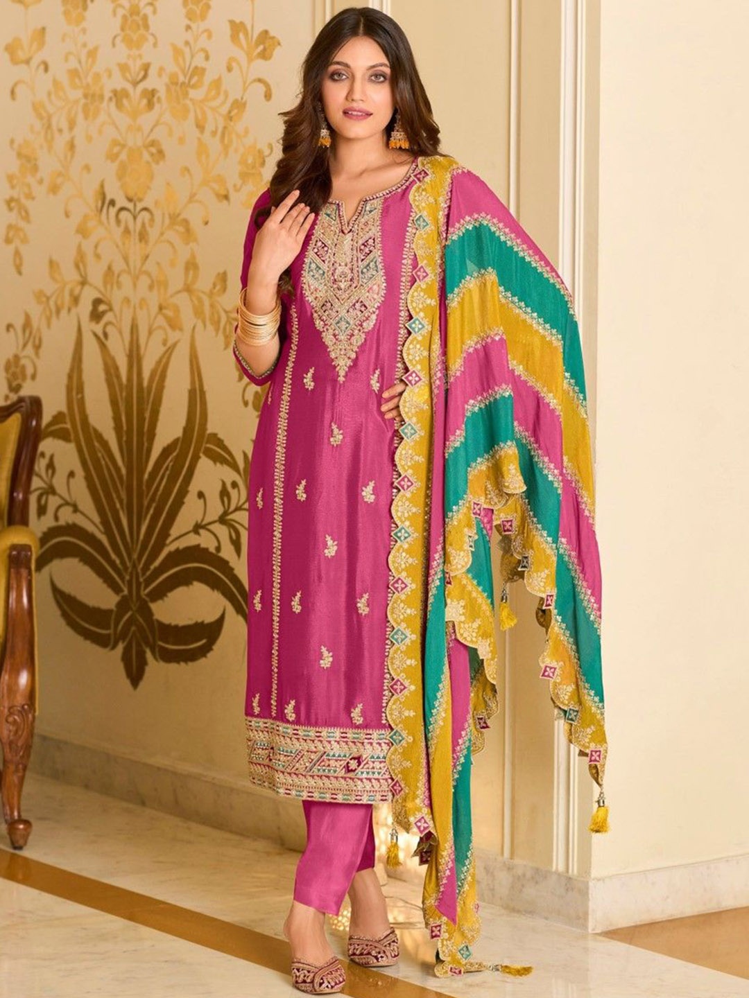 

AUTUMN LANE Floral Embroidered Regular Pure Silk Straight Kurta with Trousers & Dupatta, Pink