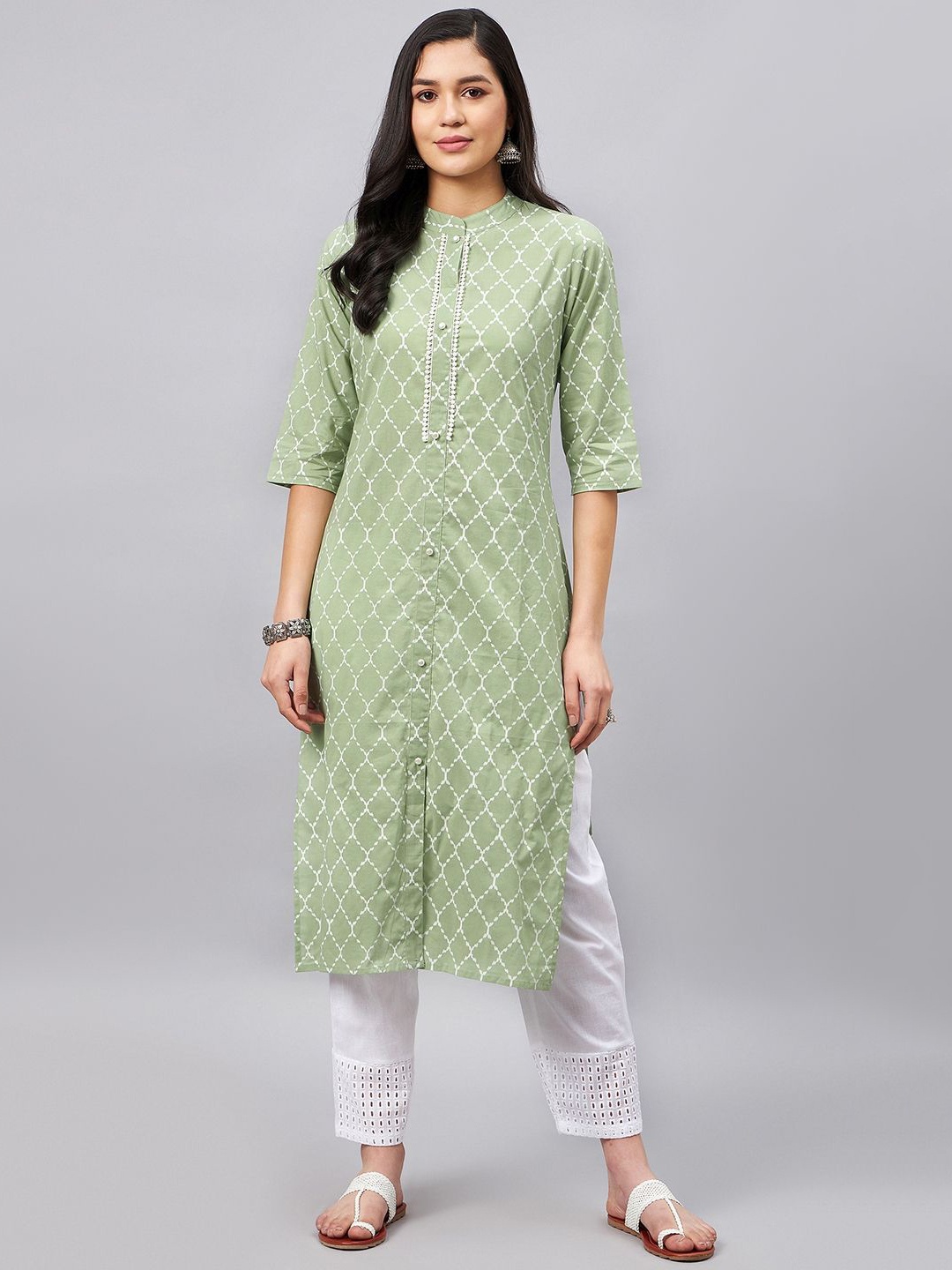 

WineRed Geometric Printed Band Collar Pure Cotton A-Line Kurta, Green