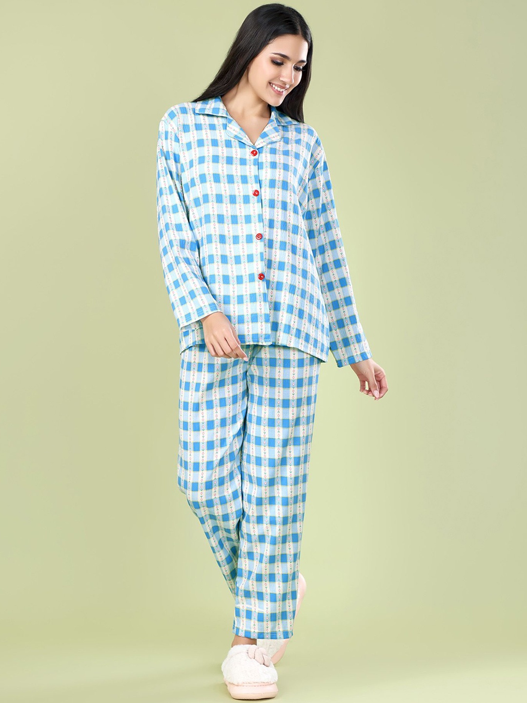 

ANSEE by Addery Women Long Sleeves Checked Night suit, Blue