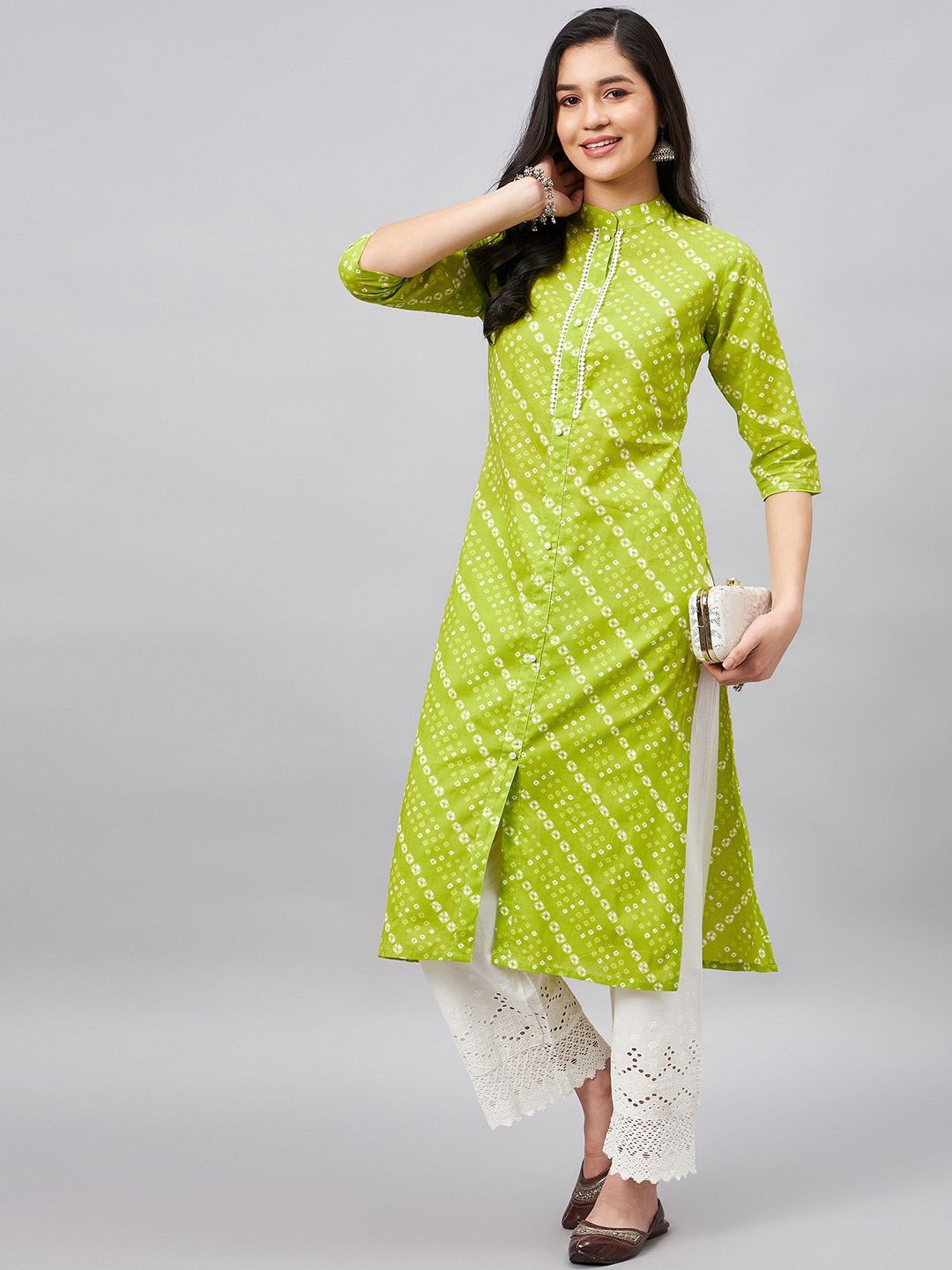 

WineRed Bandhani Printed Band Collar Pure Cotton A-Line Kurta, Green