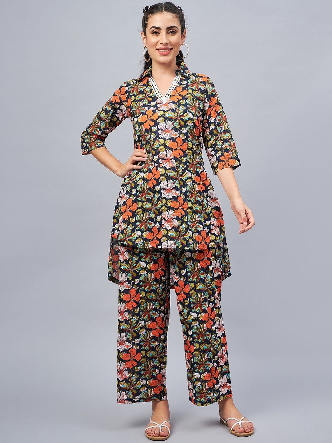 

WineRed Floral Printed Shirt Collar Pure Cotton Top With Trouser, Navy blue