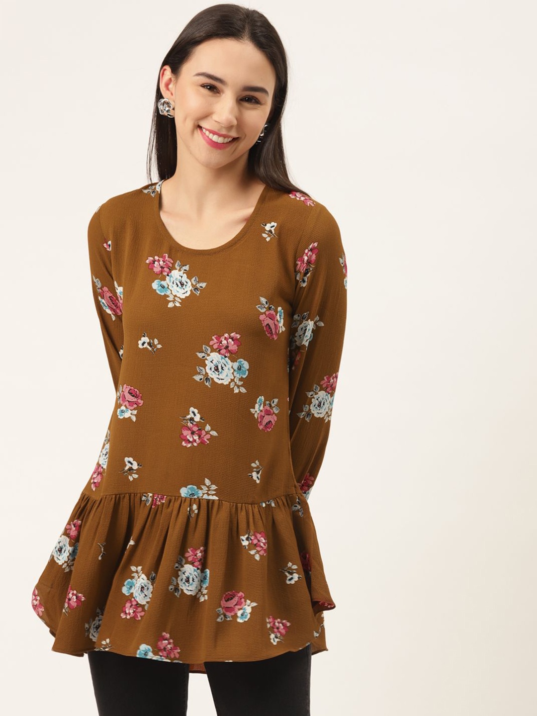 

SHECZZAR Women Floral Printed Bell Sleeve Top, Brown