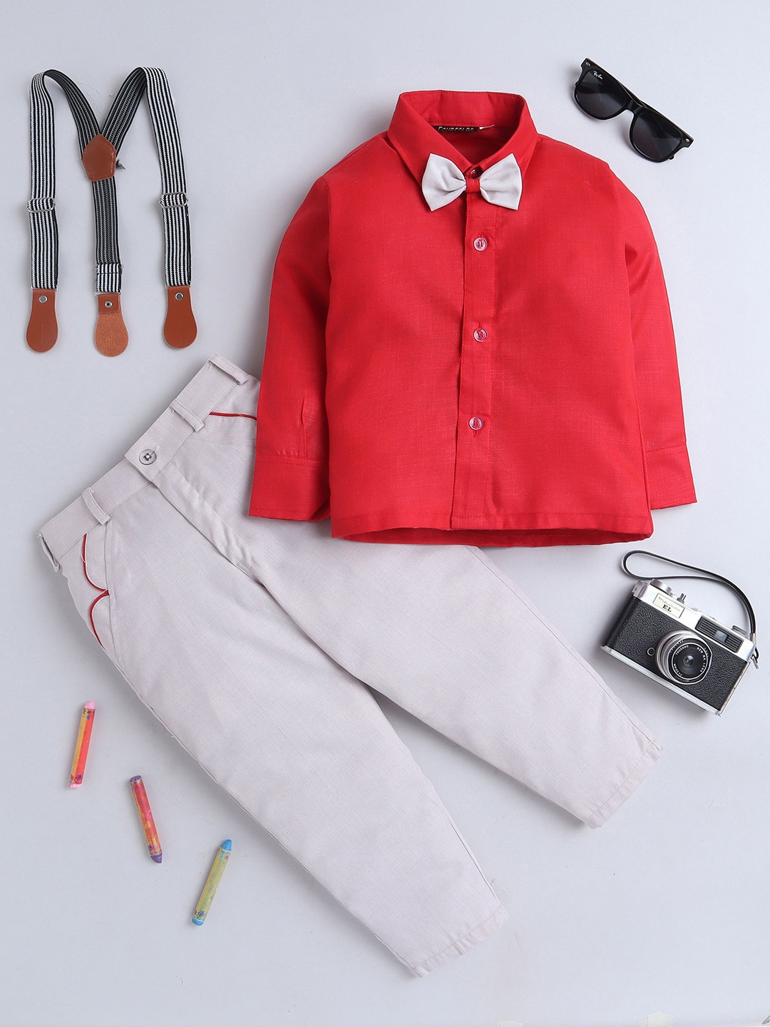 

BAESD Boys Shirt with Trousers and Suspenders, Red