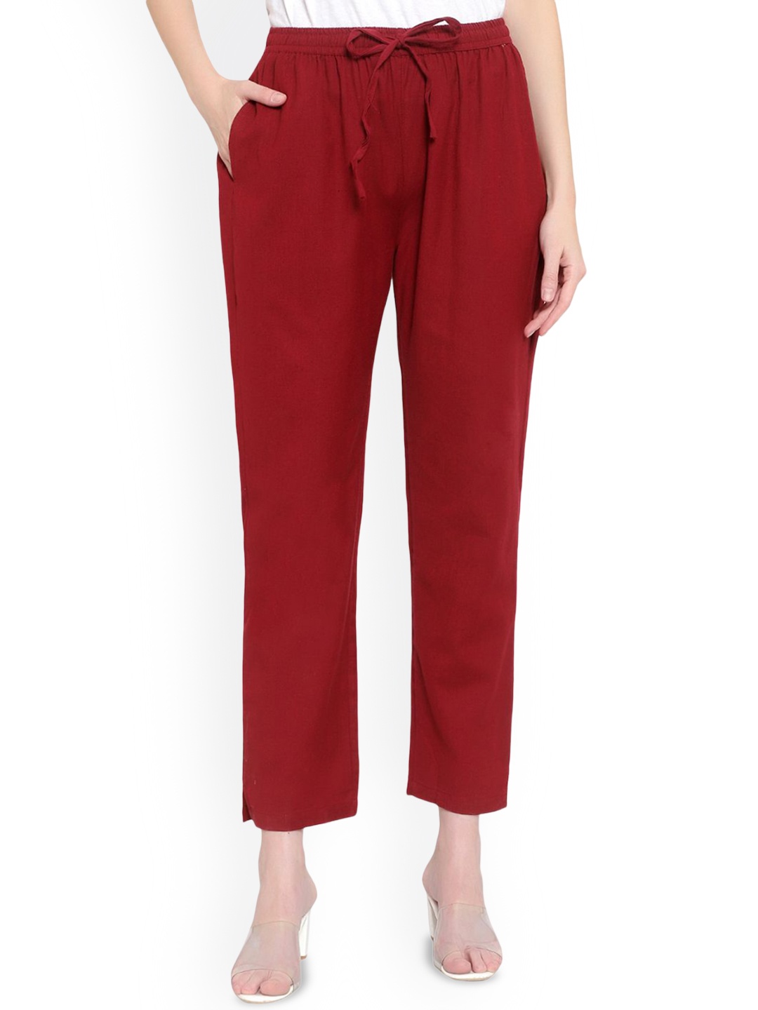 

Alakh Creation Women Regular Fit Relaxed Easy Wash Pleated Cotton Trousers, Maroon