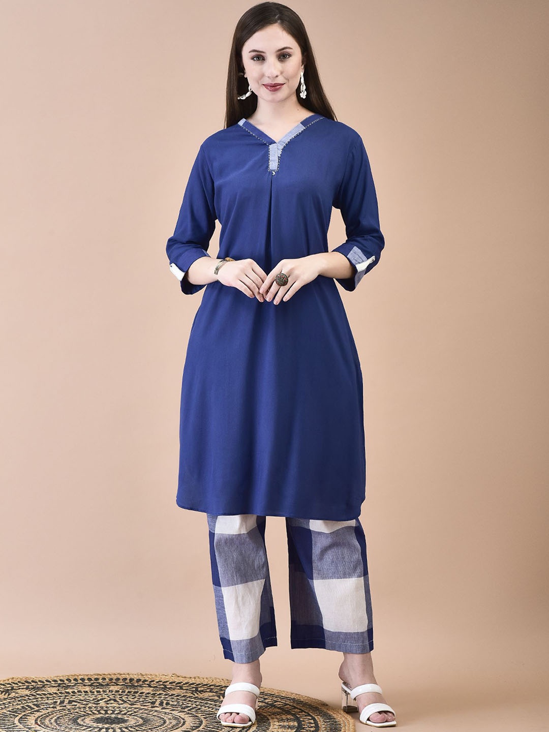 

Shree V-Neck Thread Work Indigo Pleated A-Line Kurta with Trousers, Blue