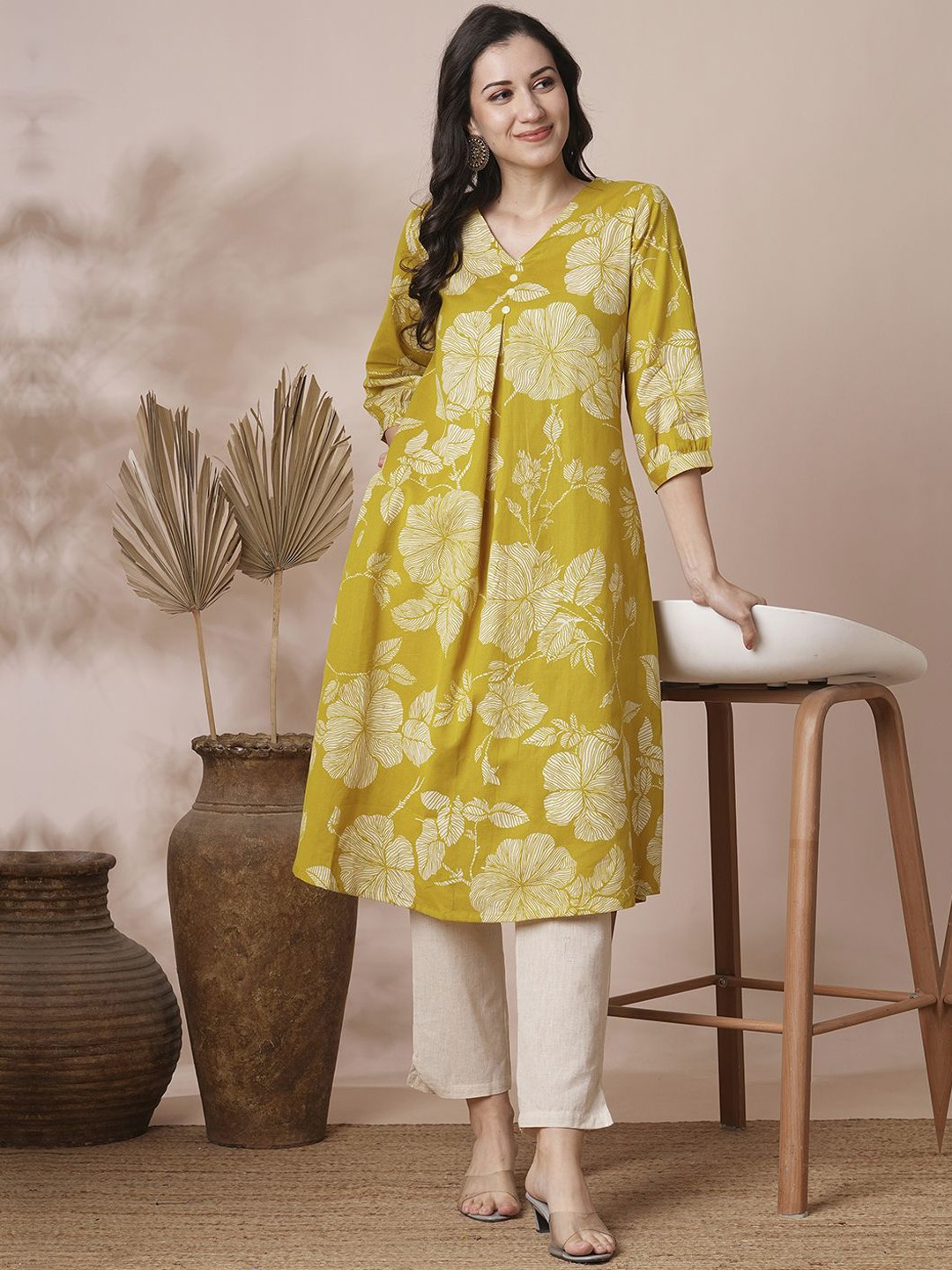 

KALINI Floral Printed Pleated Pure Cotton A-Line Kurta with Trousers, Yellow