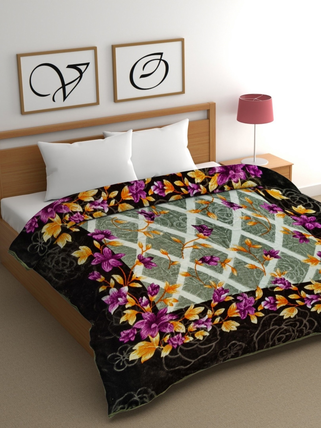 

CG HOMES Pink & Green Floral Mink Heavy Winter 350 GSM Double Bed Blanket