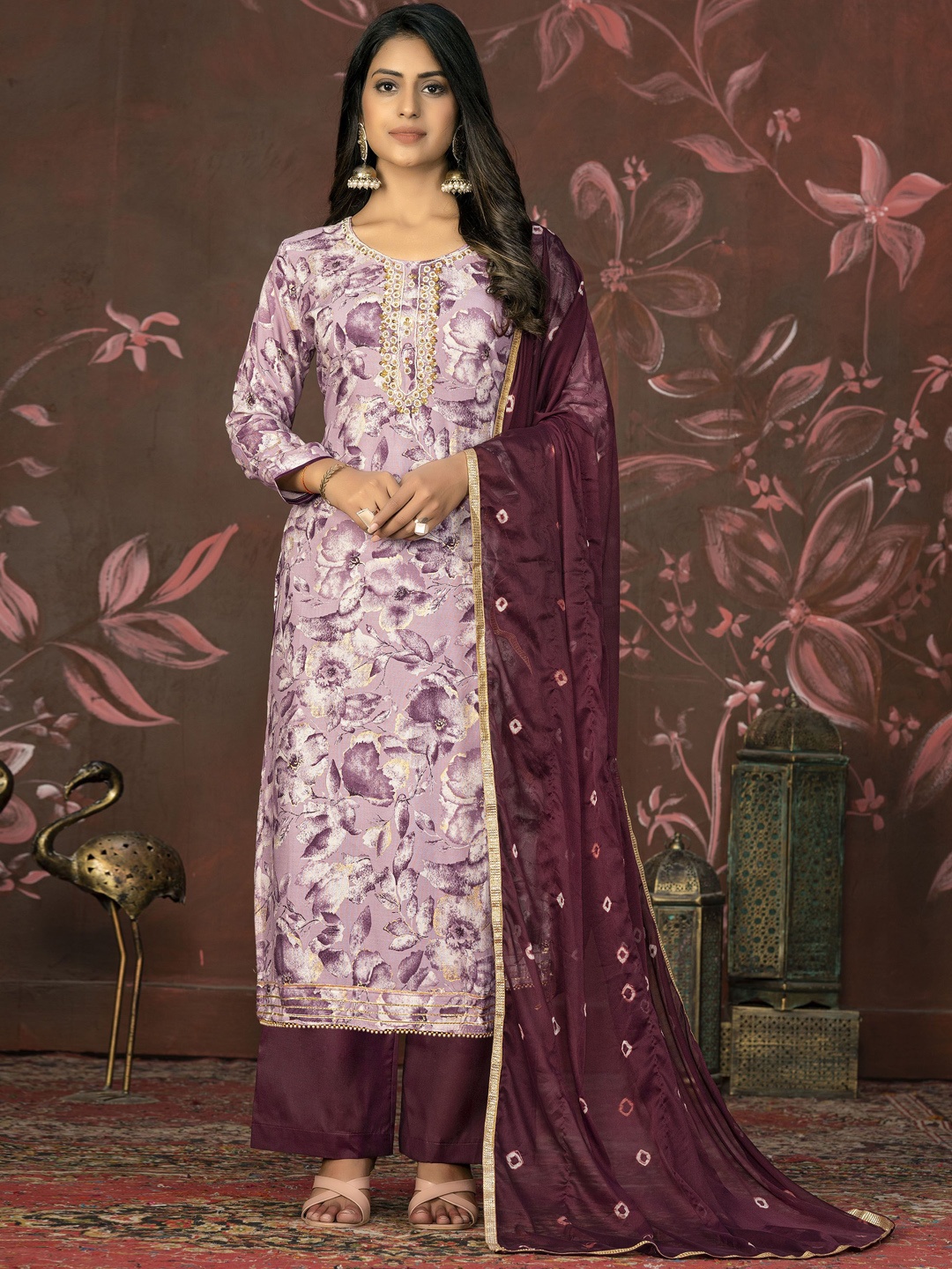 

Maroosh Floral Embellished Beads and Stones Unstitched Dress Material, Purple