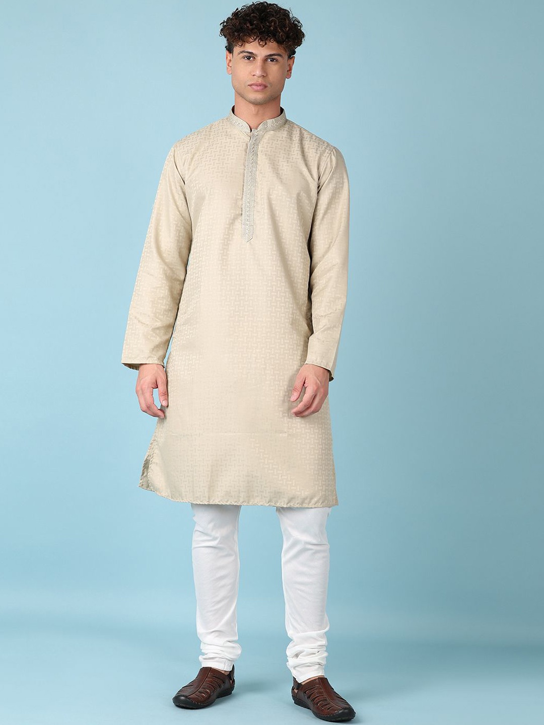 

V-Mart Geometric Woven Design Thread Work Mandarin Collar Straight Kurta with Churidar, Beige