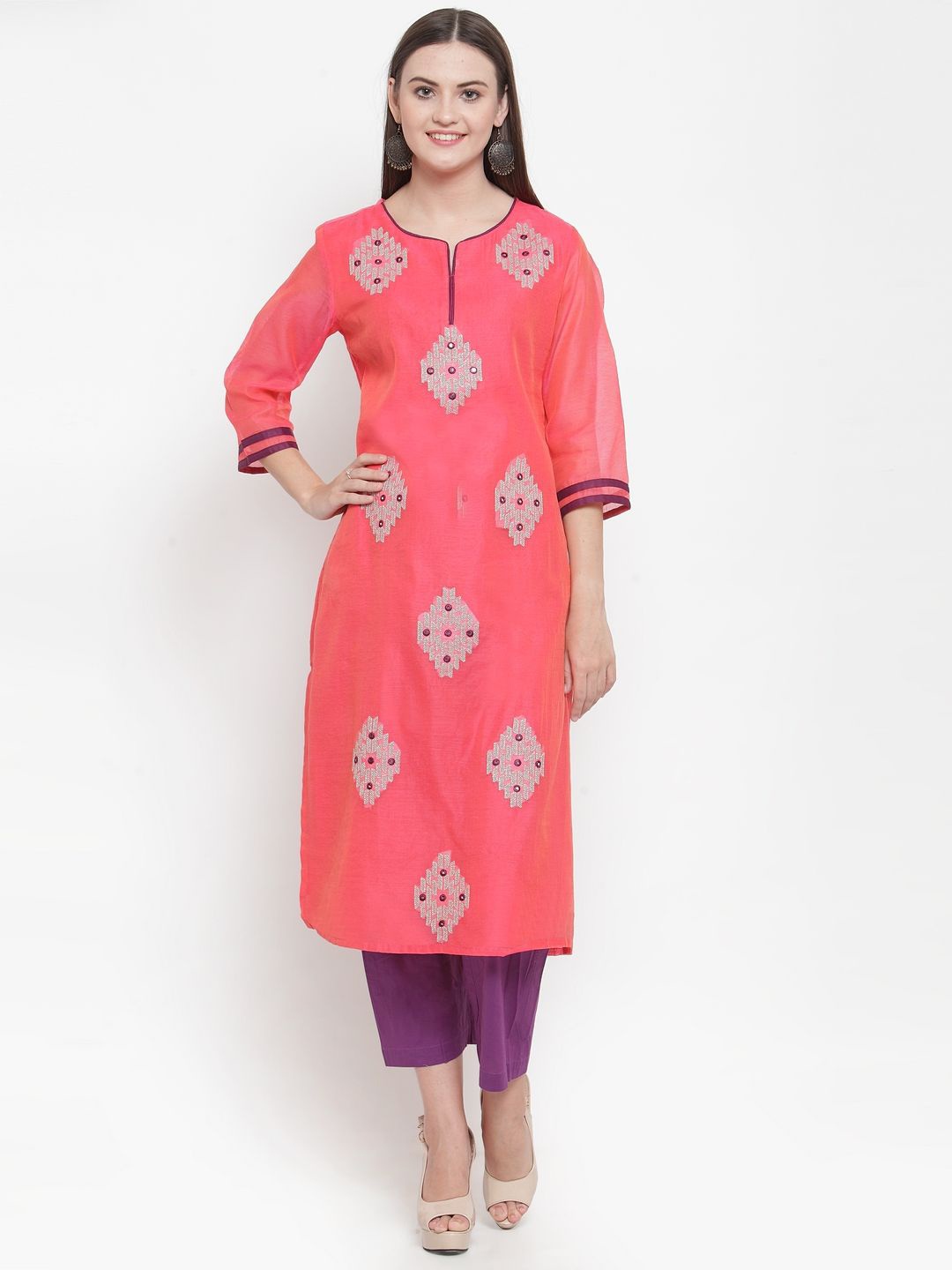 

Purple State Women Ethnic Motifs Embroidered Straight Kurta, Pink