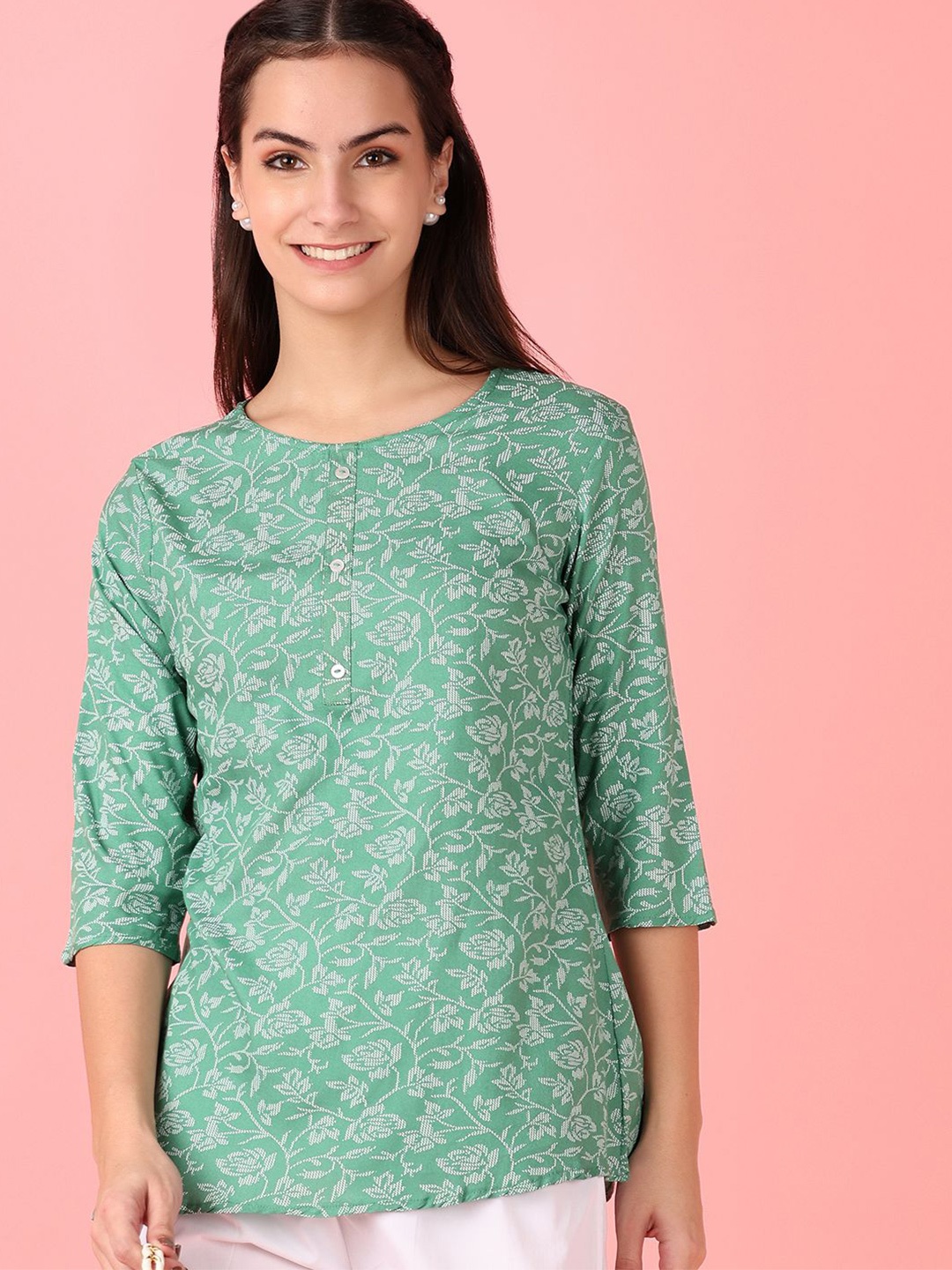 

V-Mart Women Floral Printed Round Neck Kurti, Green