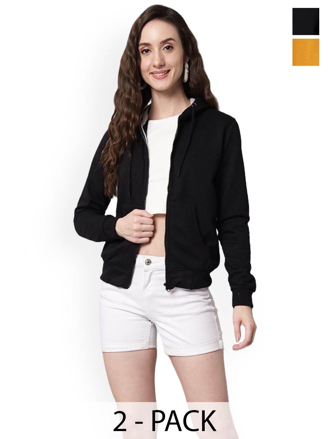 

Funday Fashion Women Pack Of 2 Hooded Solid Fleece Casual Open Front Jackets, Black