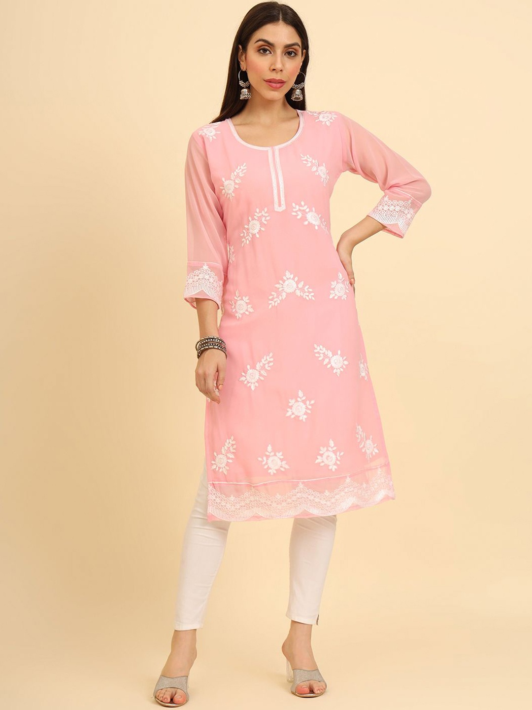 

HERE&NOW Pink Floral Embroidered Thread Work Georgette Straight Kurta