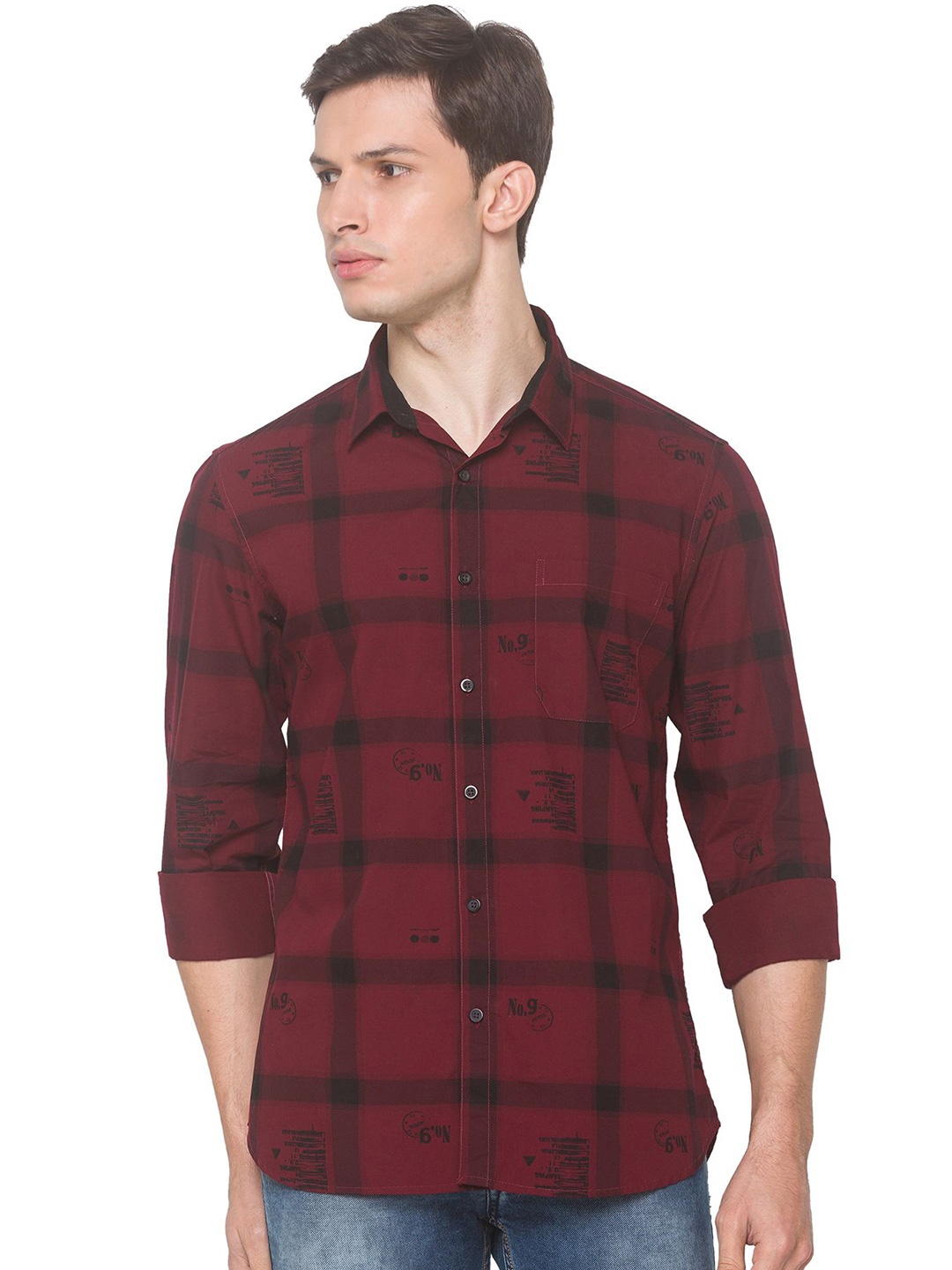 

SNX Men Spread Collar Buffalo Checked Cotton Casual Shirt, Maroon