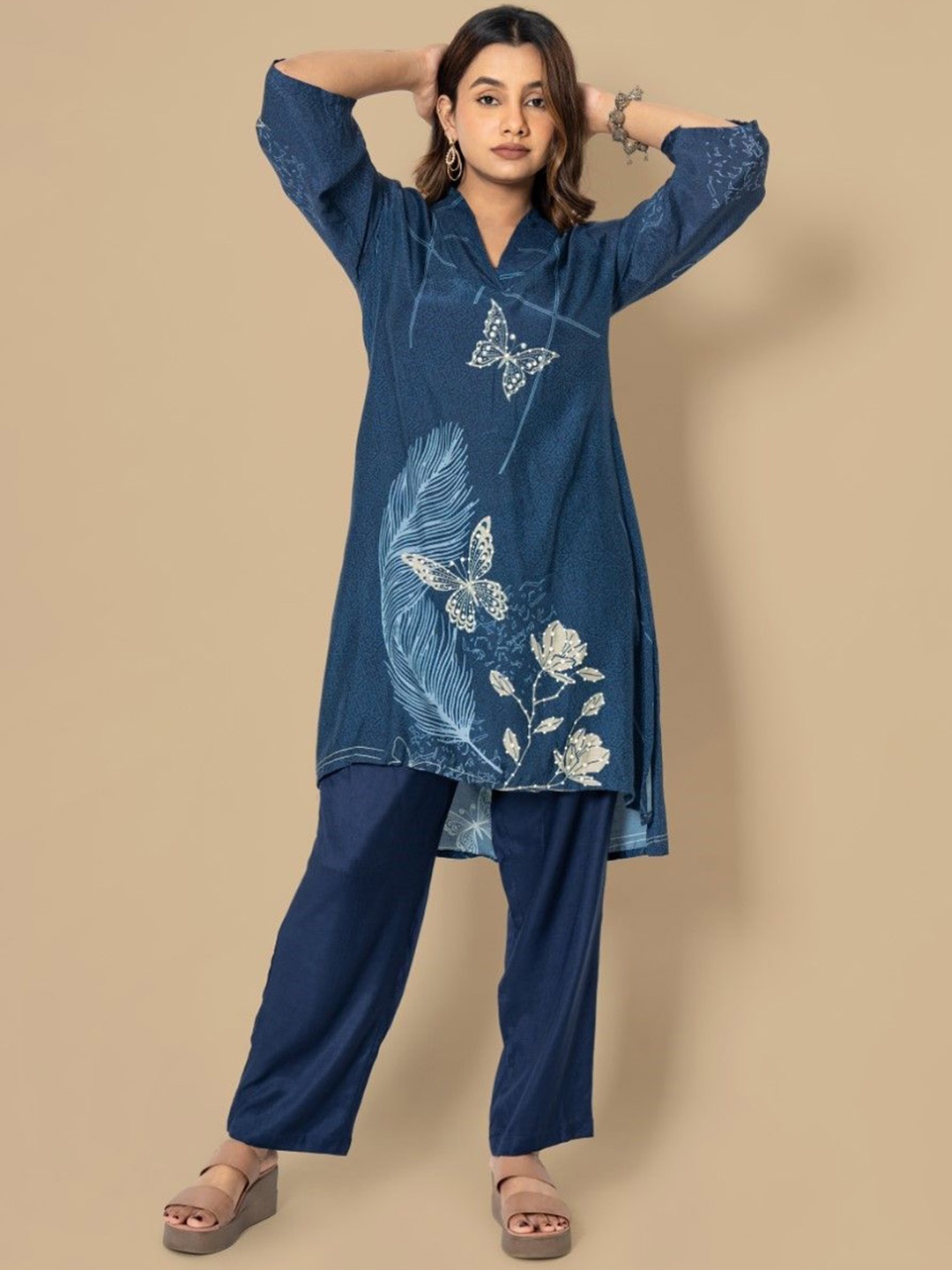 

AUTUMN LANE Floral Printed Regular Cotton Silk Tunic with Trousers, Blue