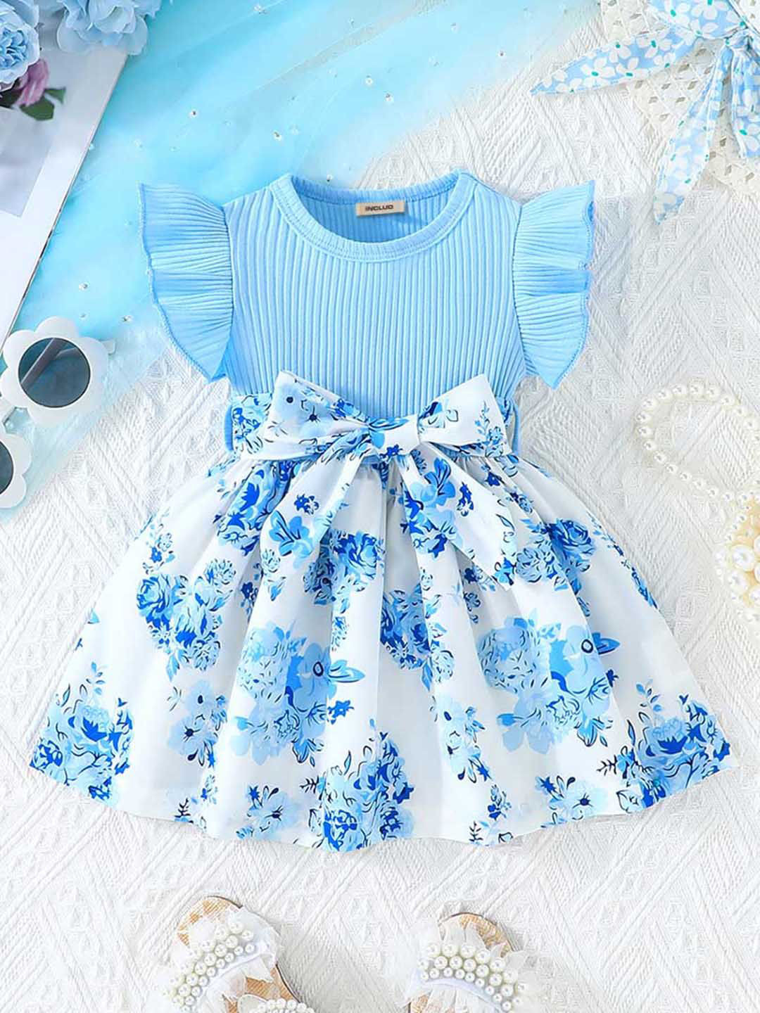 

INCLUD Girls Floral Printed Fit & Flare Dress, Blue