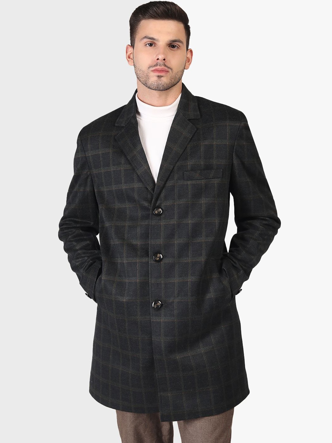 

PROTEX Men Checked Single-Breasted Winter Overcoats, Olive