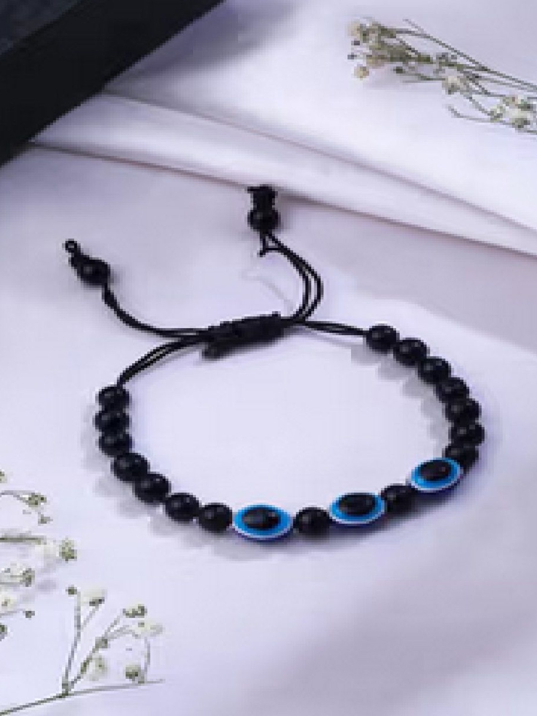 

RUHI COLLECTION Unisex Set of 2 Evil Eye Onyx Beaded Charm Bracelets, Black