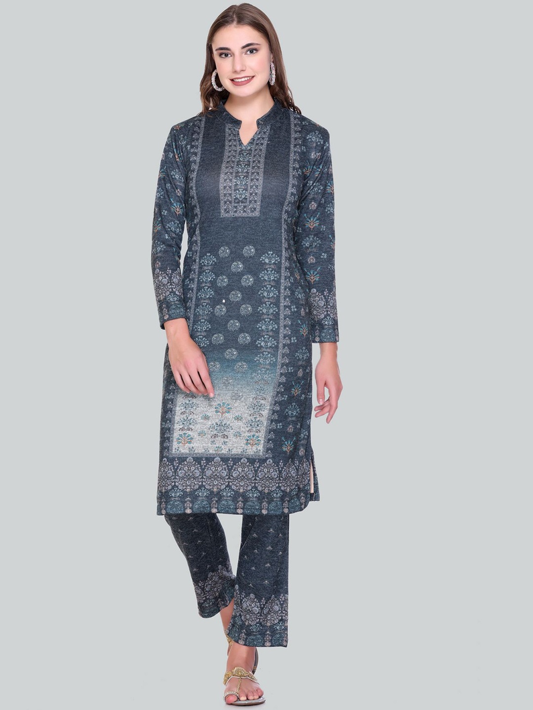 

Melvin Floral Printed Mandarin Collar Straight Kurta With Trousers & Dupatta, Blue