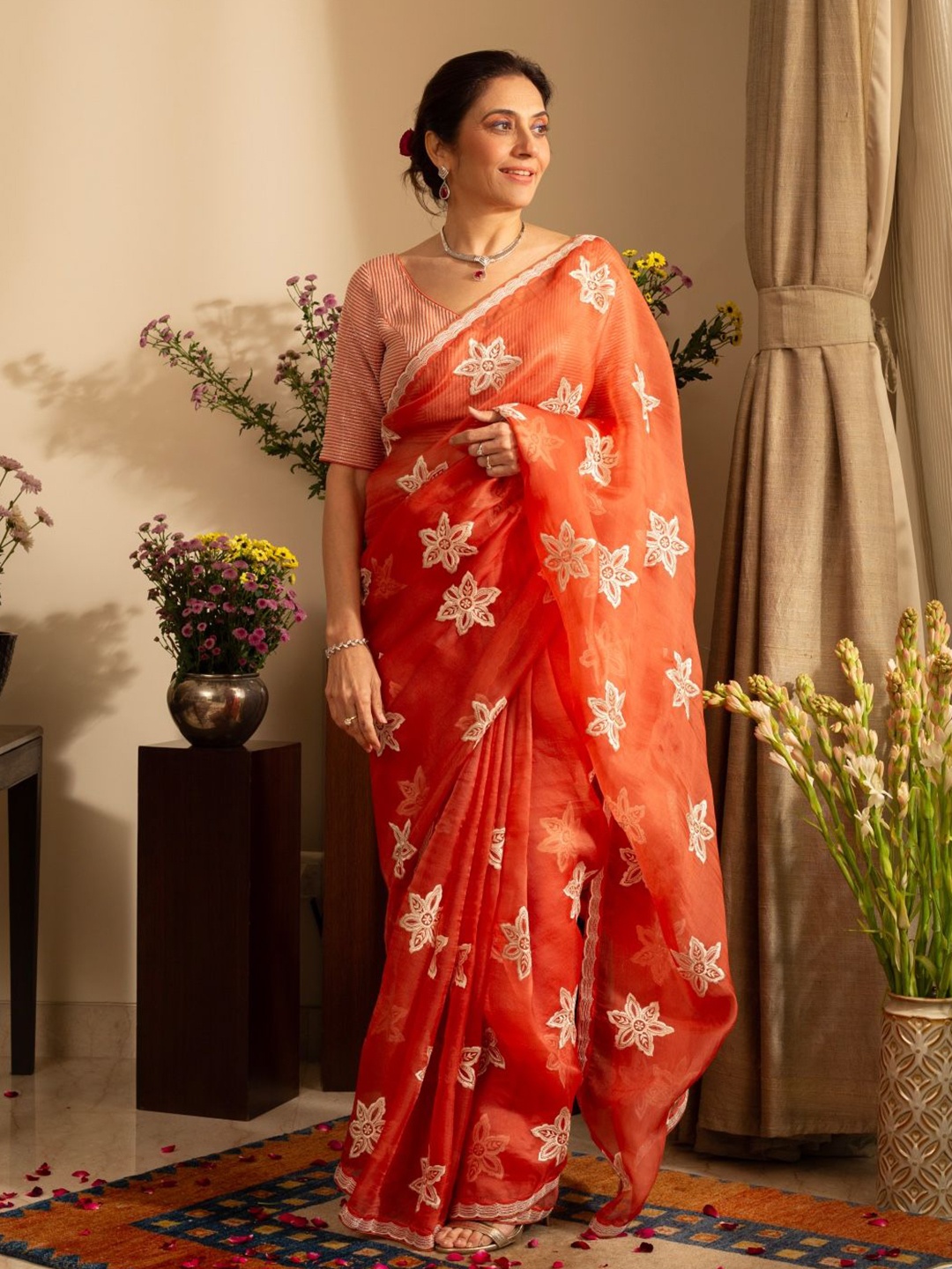 

HOUSE OF INARI Floral Beads and Stones Designer Saree, Orange