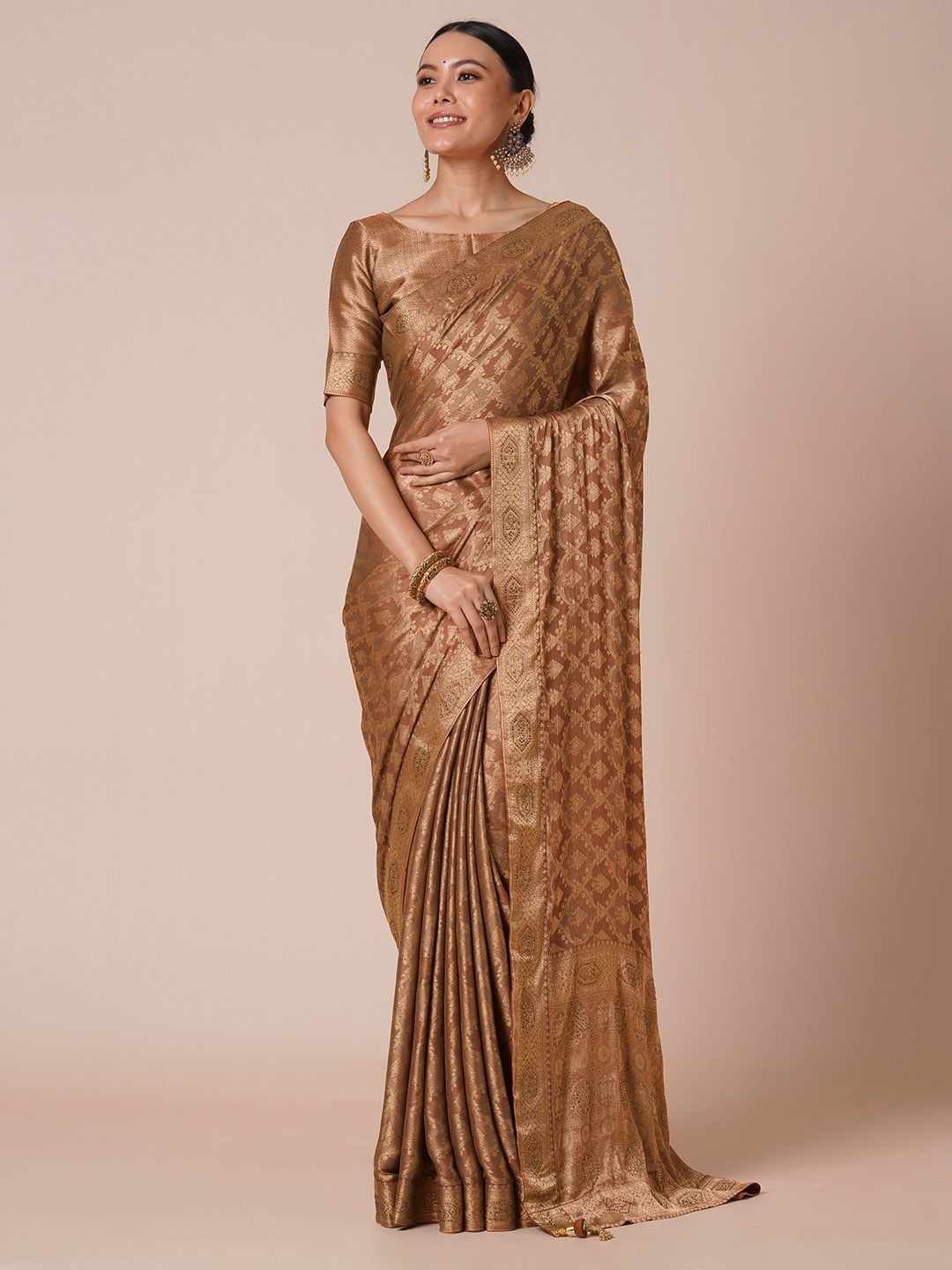 

House of Pataudi Ethnic Motifs Woven Design Zari Banarasi Saree, Brown