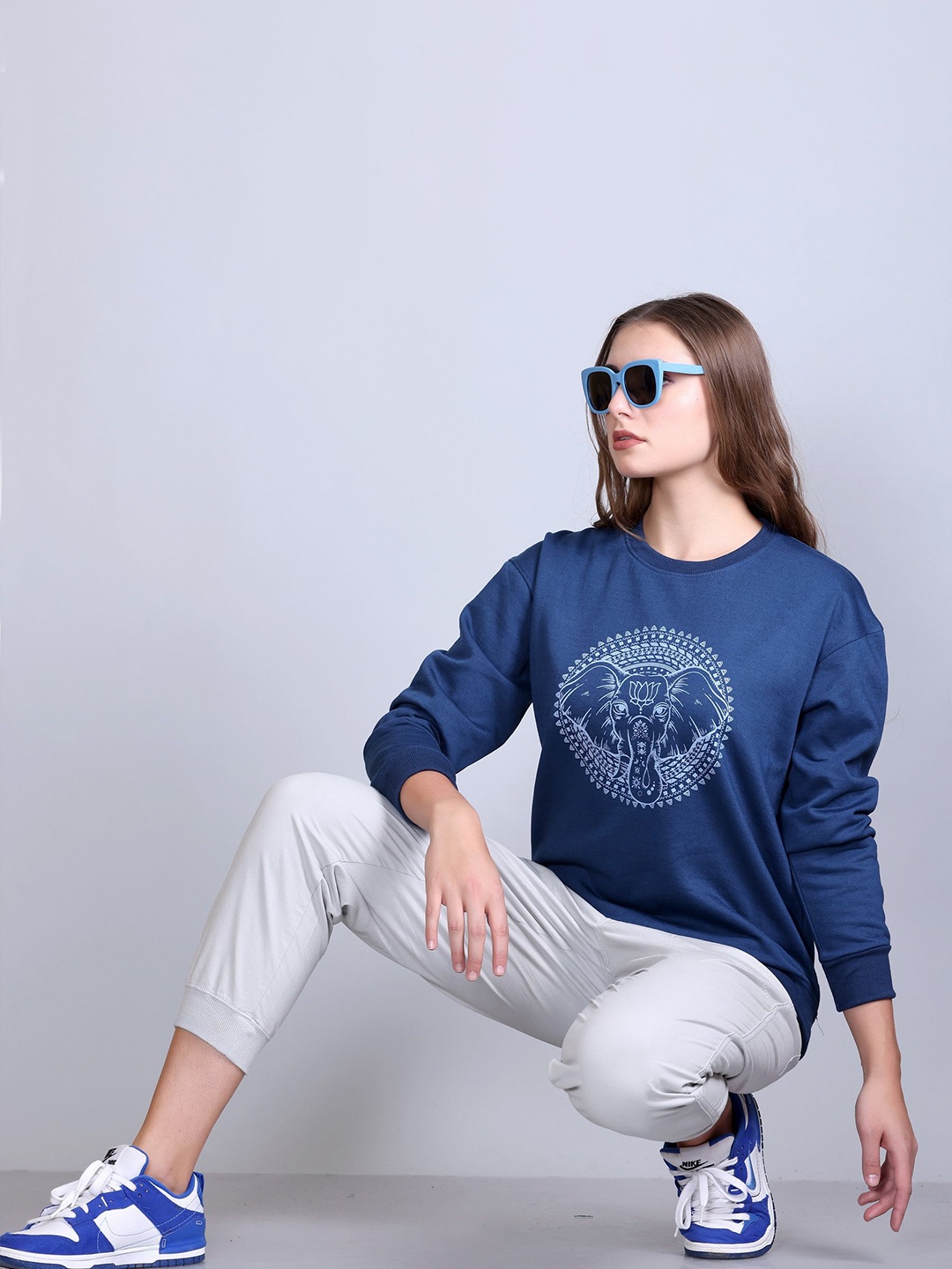 

Obaan Women Printed Pullover Sweatshirt, Blue