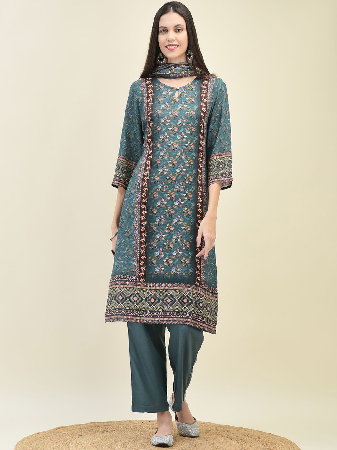 

Shree Floral Printed Keyhole Neck Straight Kurta with Trousers & Dupatta, Blue