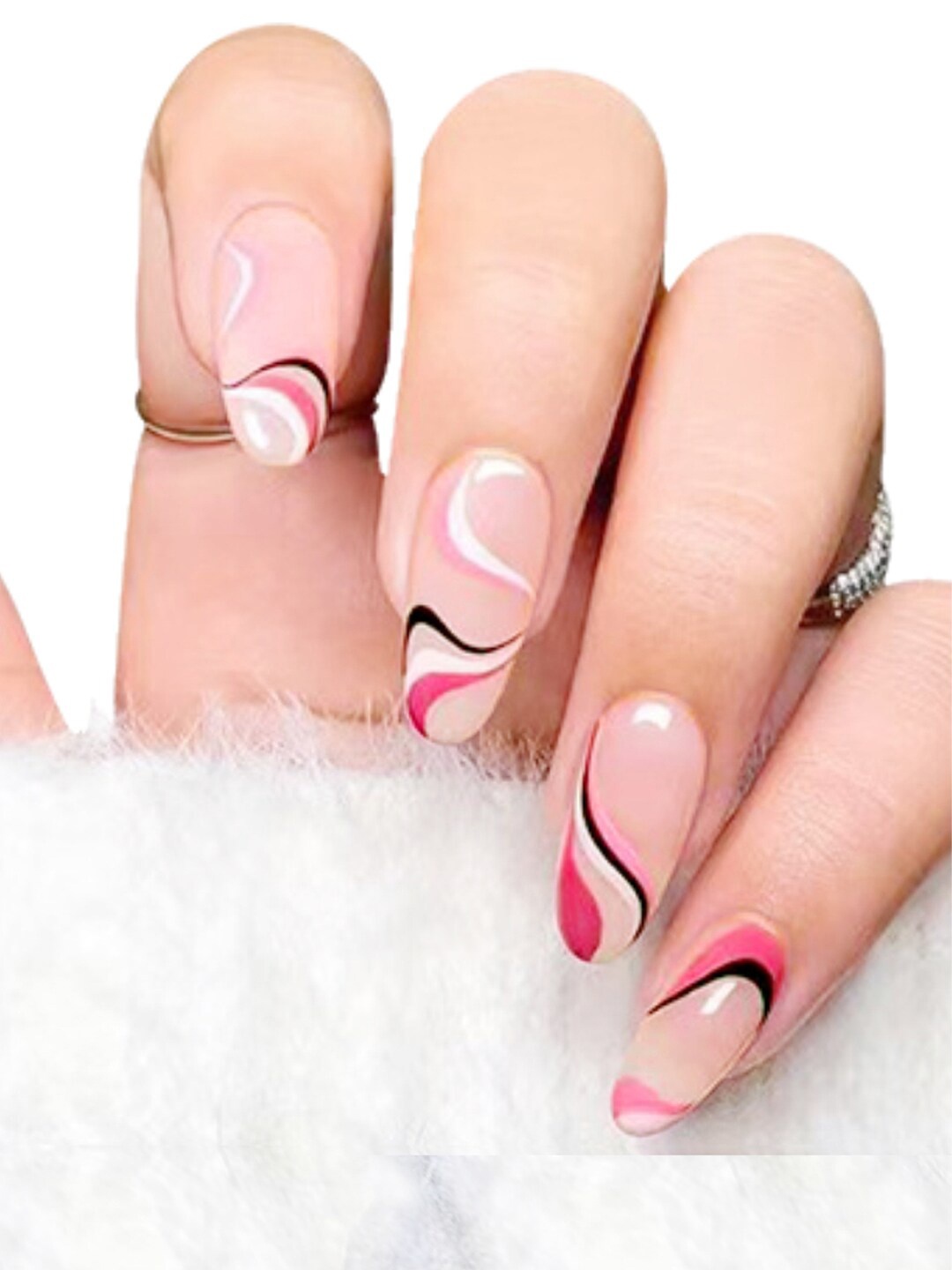 

Secret Lives 24 Pieces Long Glossy Geo Stripes Fake Nail Extension, Pink