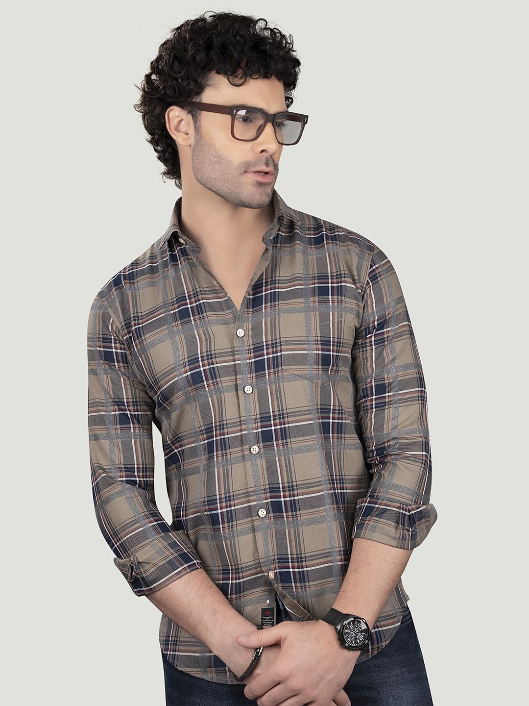 

ALMATY Men Comfort Spread Collar Tartan Checked Cotton Slim Fit Casual Shirt, Blue