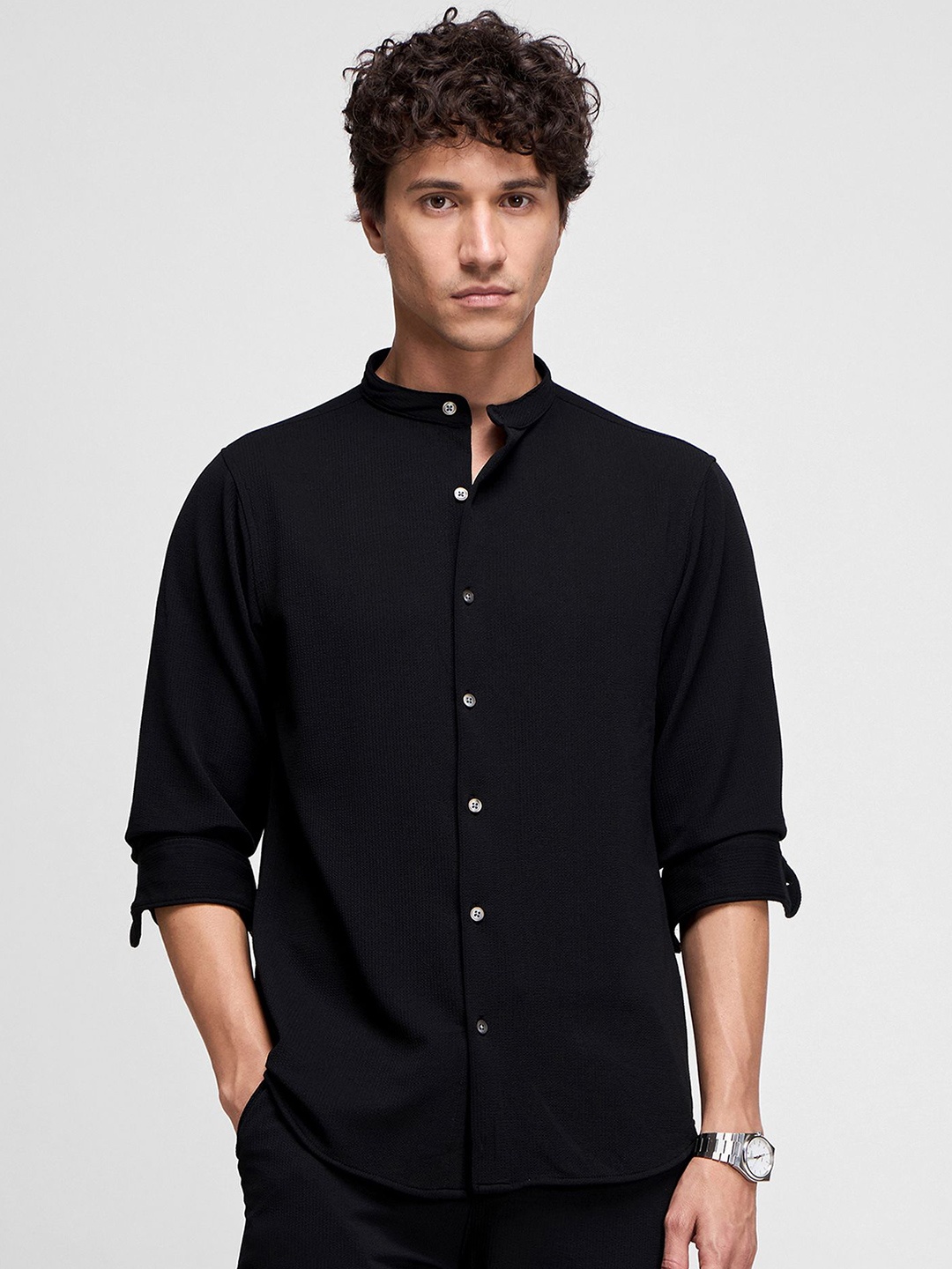 

Red Flame Men Band Collar Textured Casual Shirt, Black