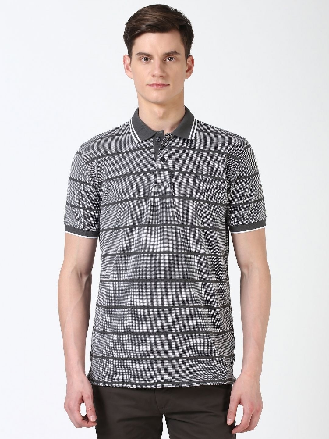 

Peter England Men Striped Polo Collar Pockets T-shirt, Grey