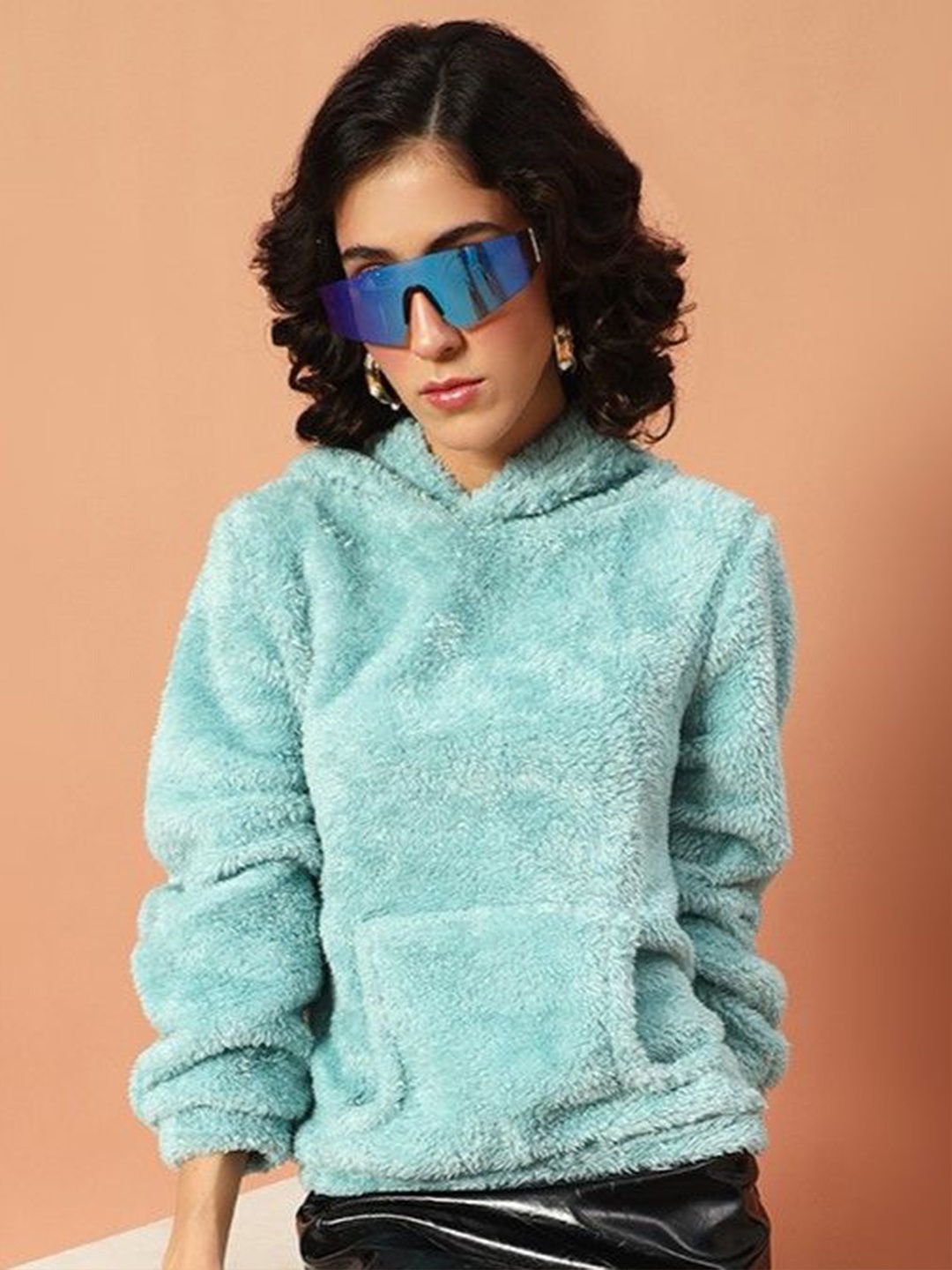 

The Dry State Women Fur Hooded Sweater, Turquoise blue