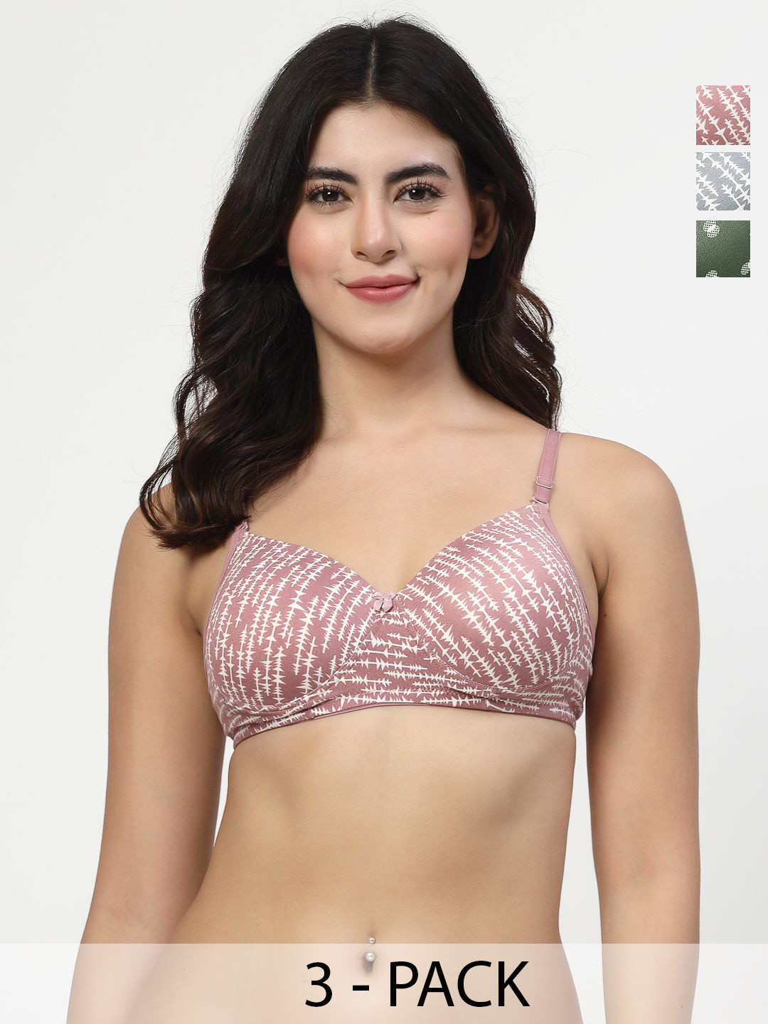 

Docare Women Pack Of 3 Abstract Full Coverage Lightly Padded T-shirt Bra, Brown