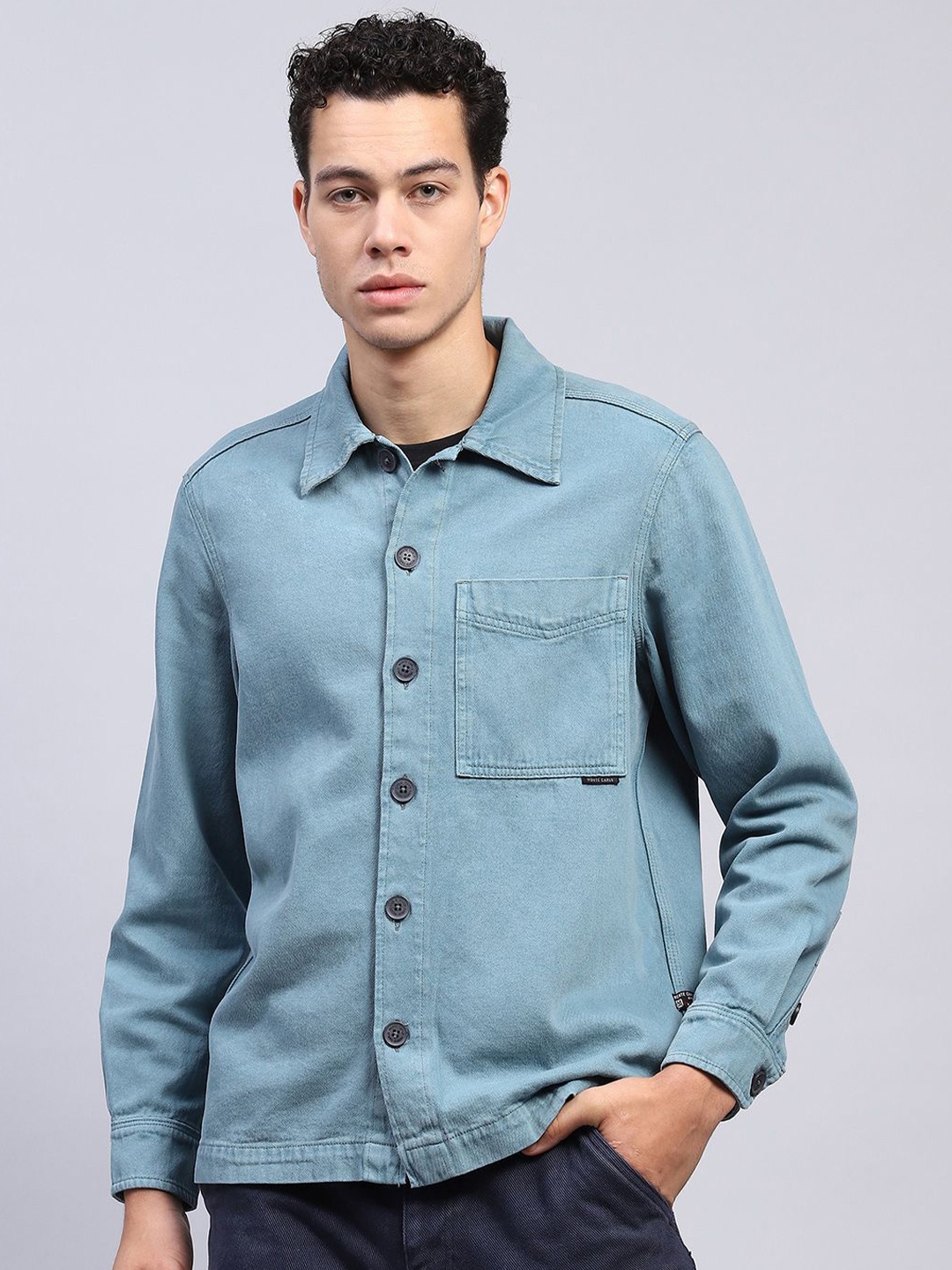 

Monte Carlo Men Spread Collar Solid Cotton Casual Shirt, Teal