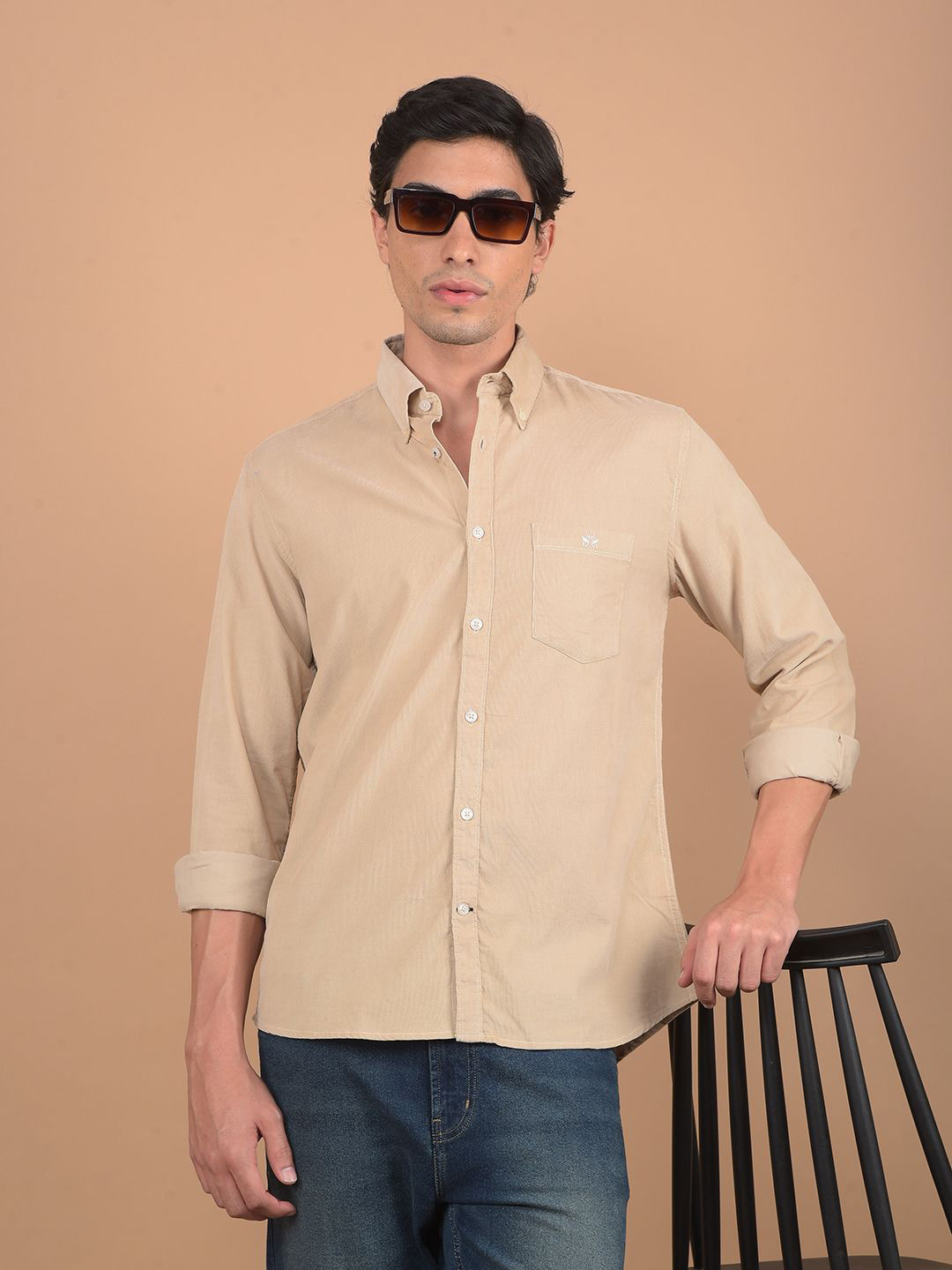 

Crimsoune Club Men Button-Down Collar Solid Cotton Casual Shirt, Beige