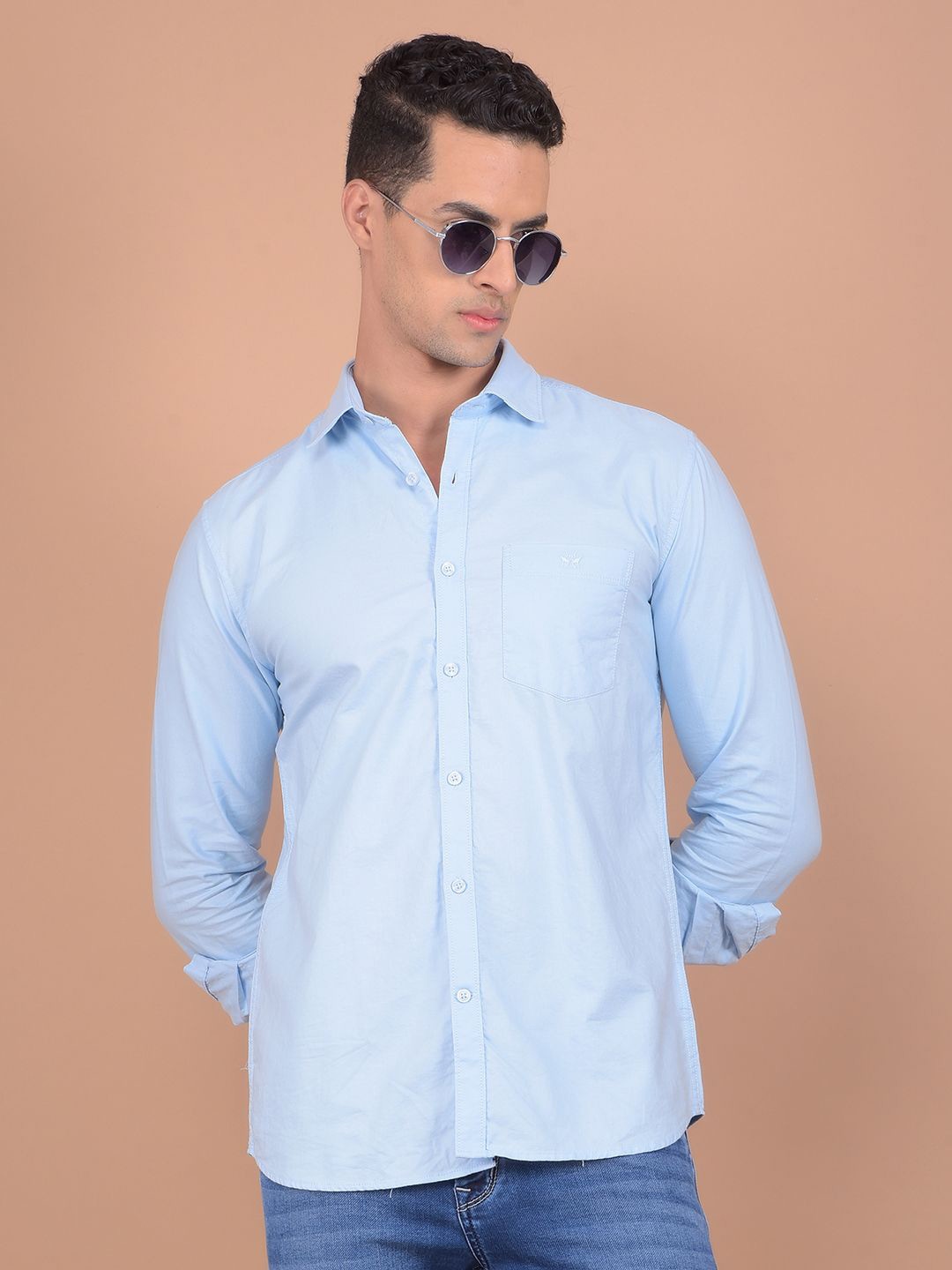 

Crimsoune Club Men Spread Collar Solid Cotton Slim Fit Casual Shirt, Blue