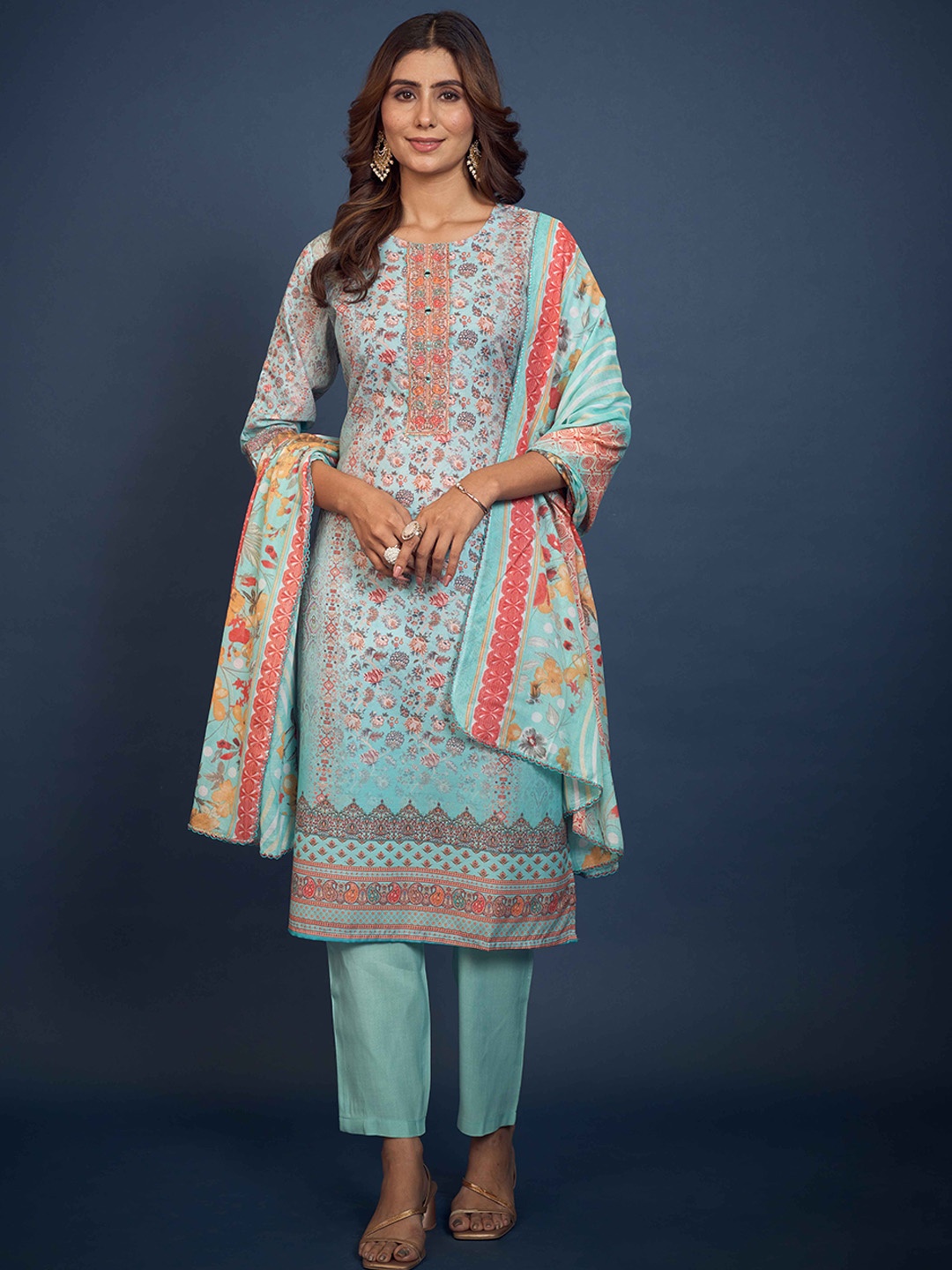 

Anouk Blue Floral Printed Round Neck Pure Cotton Straight Kurta With Trousers & Dupatta