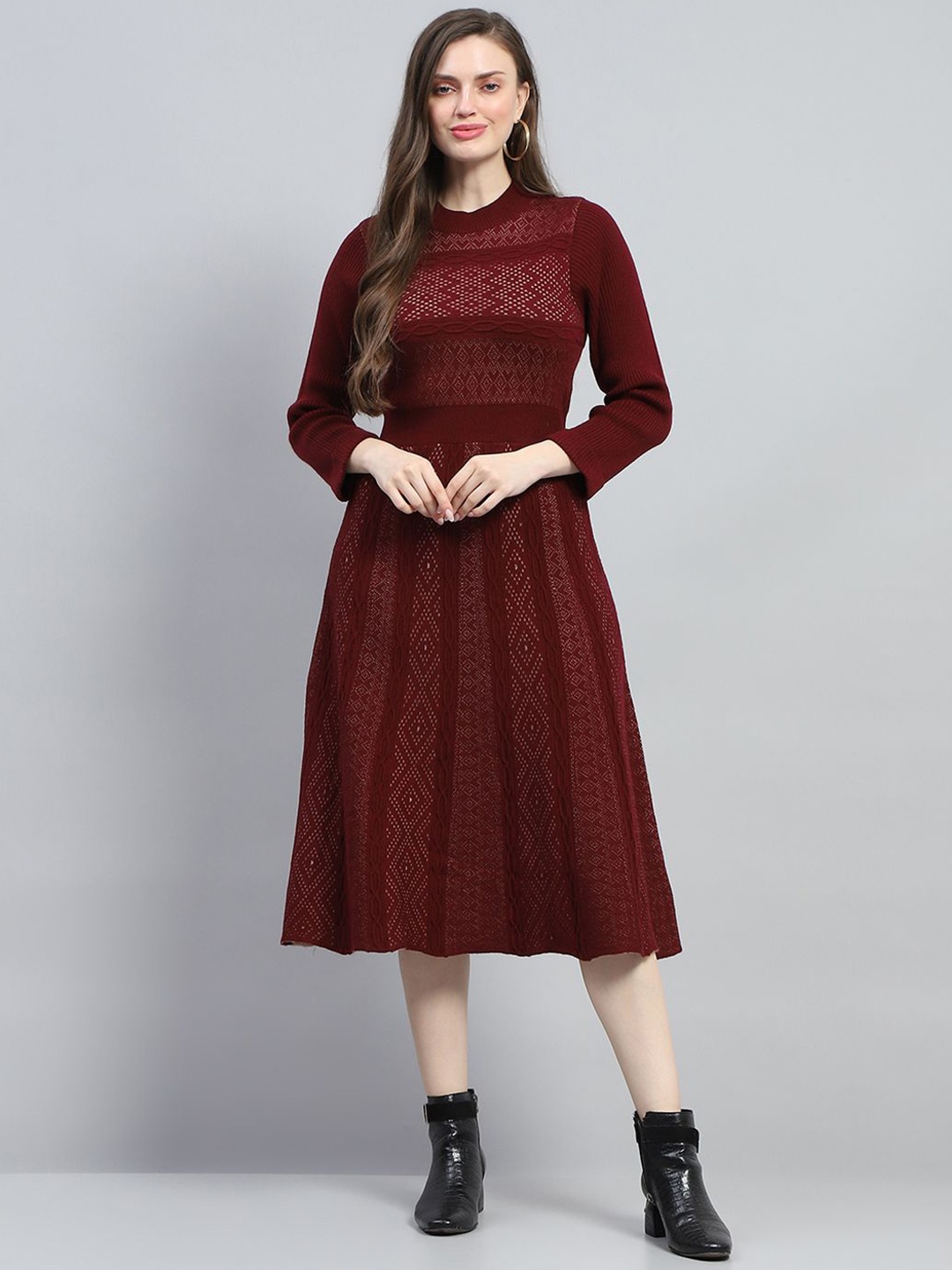 

Monte Carlo Woollen Self Design Fit & Flare Midi Dress, Maroon