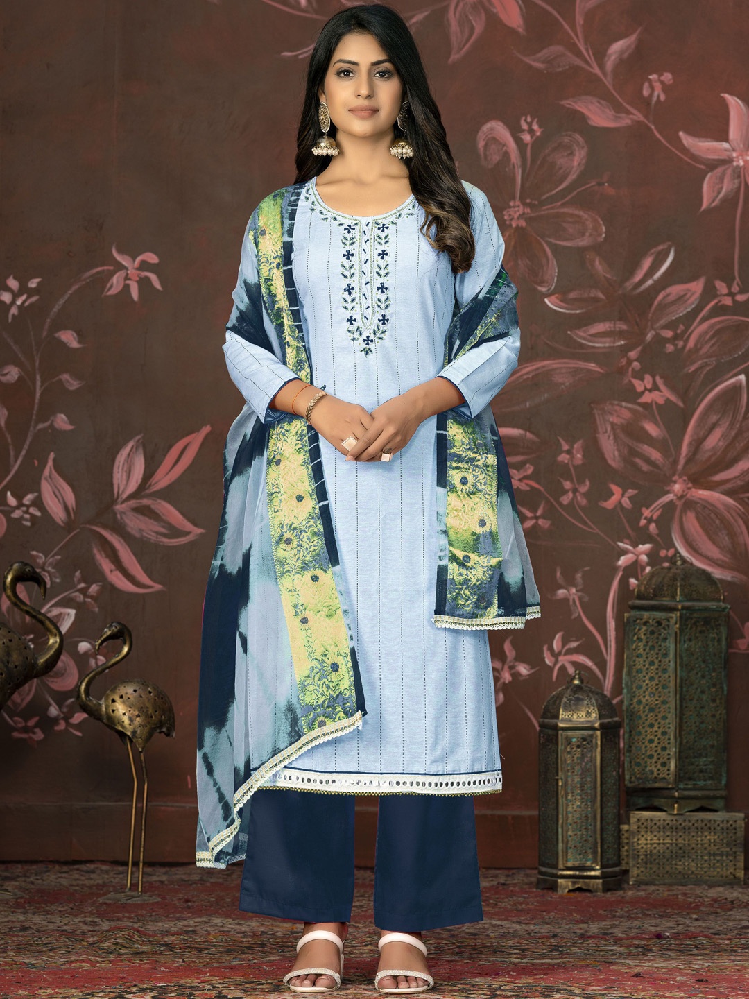

Maroosh Floral Embellished Beads and Stones Unstitched Dress Material, Turquoise blue